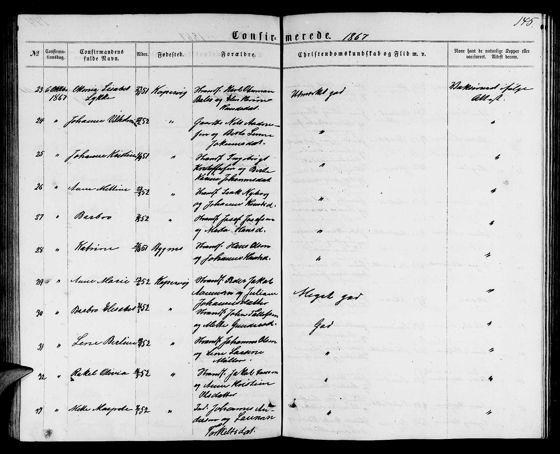 Avaldsnes sokneprestkontor, AV/SAST-A -101851/H/Ha/Hab/L0004: Parish register (copy) no. B 4, 1861-1876, p. 145