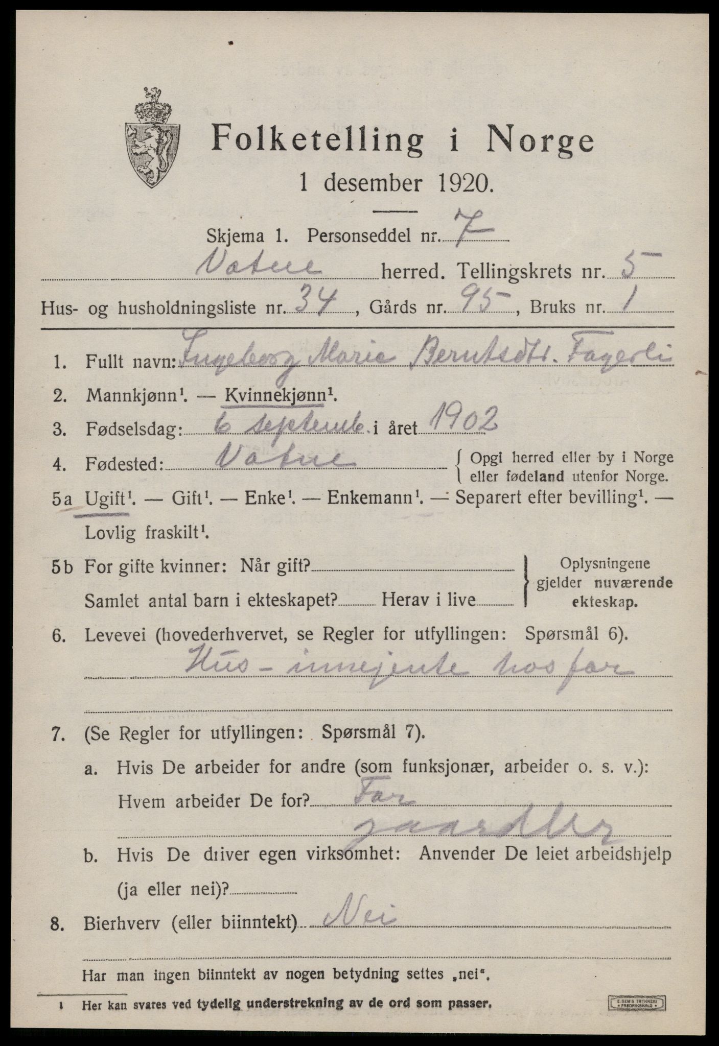 SAT, 1920 census for Vatne, 1920, p. 2672