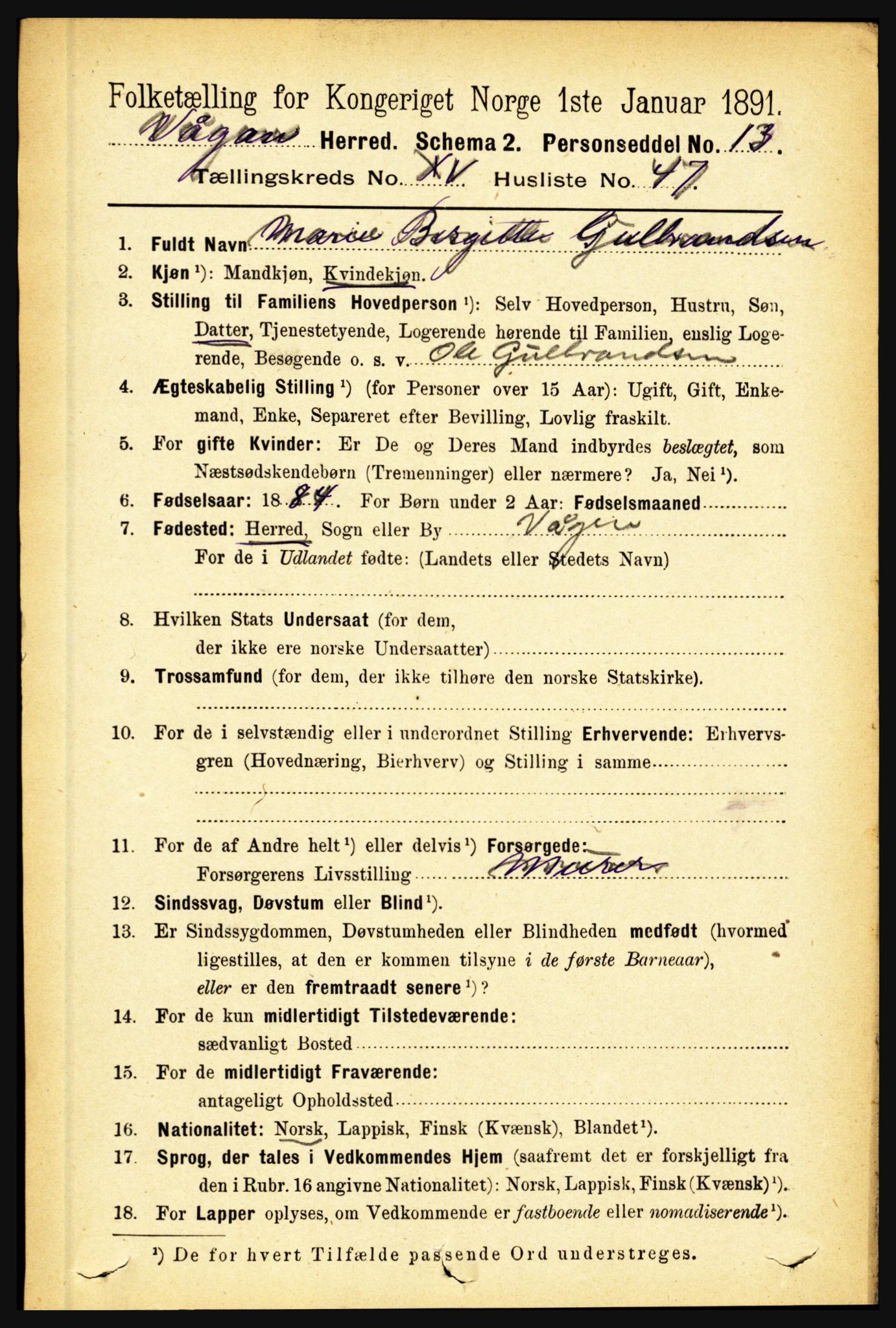 RA, 1891 census for 1865 Vågan, 1891, p. 4500