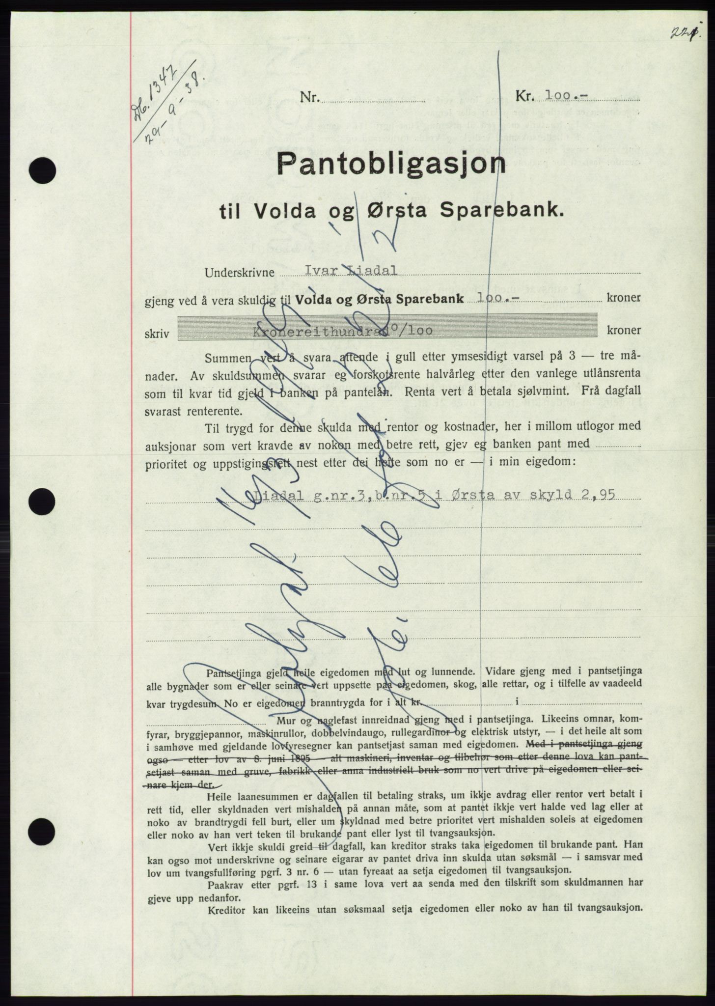 Søre Sunnmøre sorenskriveri, AV/SAT-A-4122/1/2/2C/L0066: Mortgage book no. 60, 1938-1938, Diary no: : 1347/1938