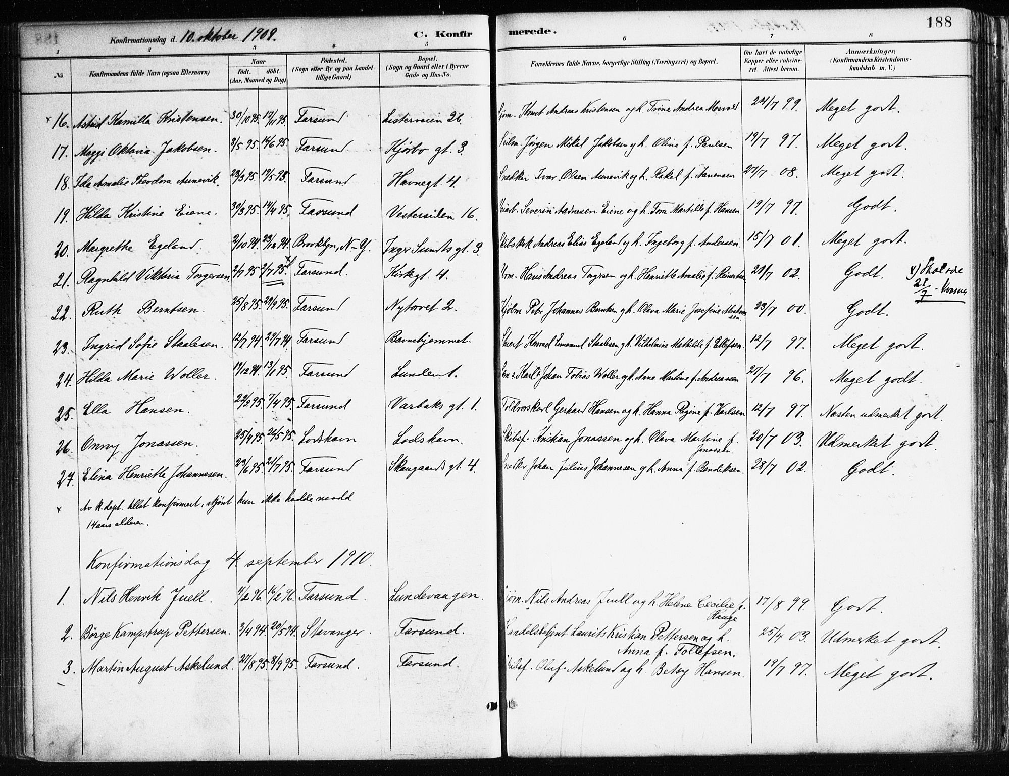 Farsund sokneprestkontor, AV/SAK-1111-0009/F/Fa/L0006: Parish register (official) no. A 6, 1887-1920, p. 188