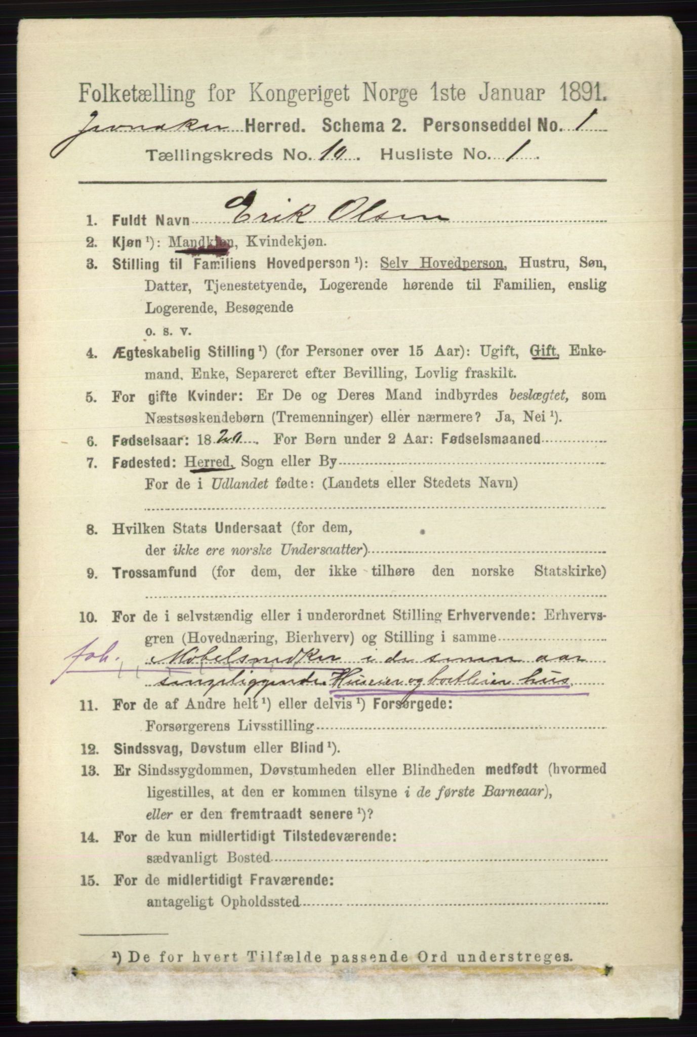 RA, 1891 census for 0532 Jevnaker, 1891, p. 5516