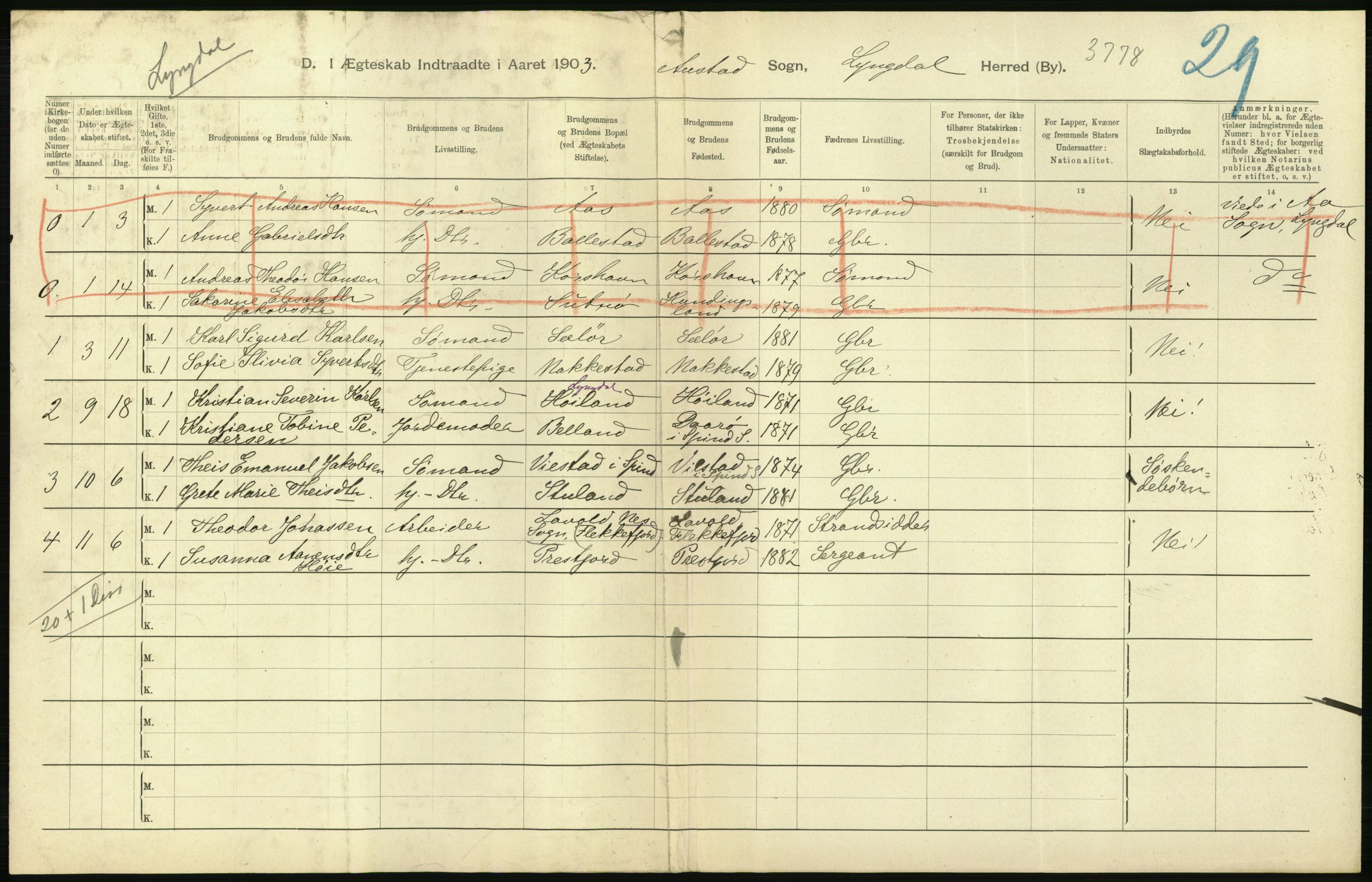 Statistisk sentralbyrå, Sosiodemografiske emner, Befolkning, AV/RA-S-2228/D/Df/Dfa/Dfaa/L0011: Lister og Mandal amt: Fødte, gifte, døde, 1903, p. 302