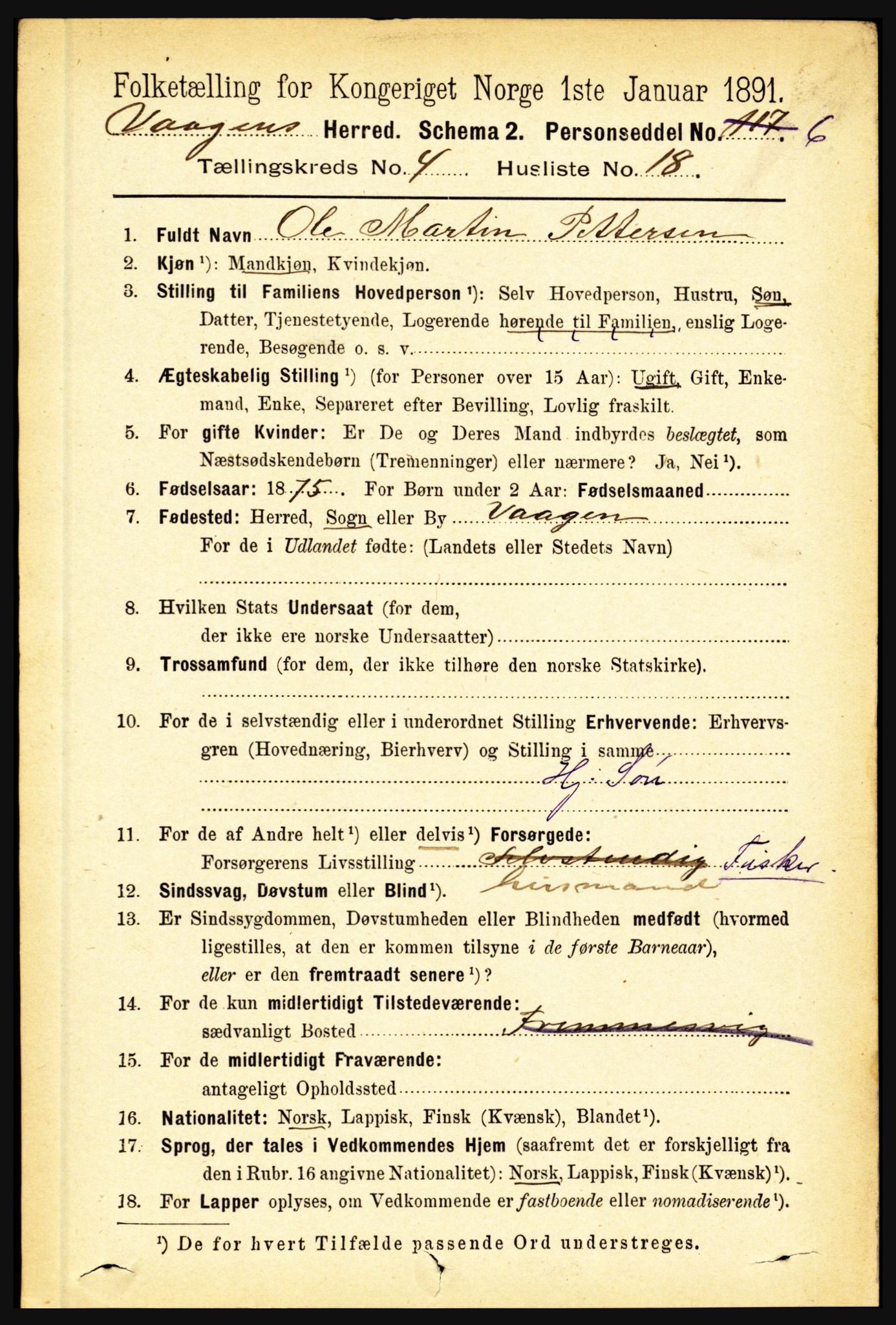 RA, 1891 census for 1865 Vågan, 1891, p. 1053