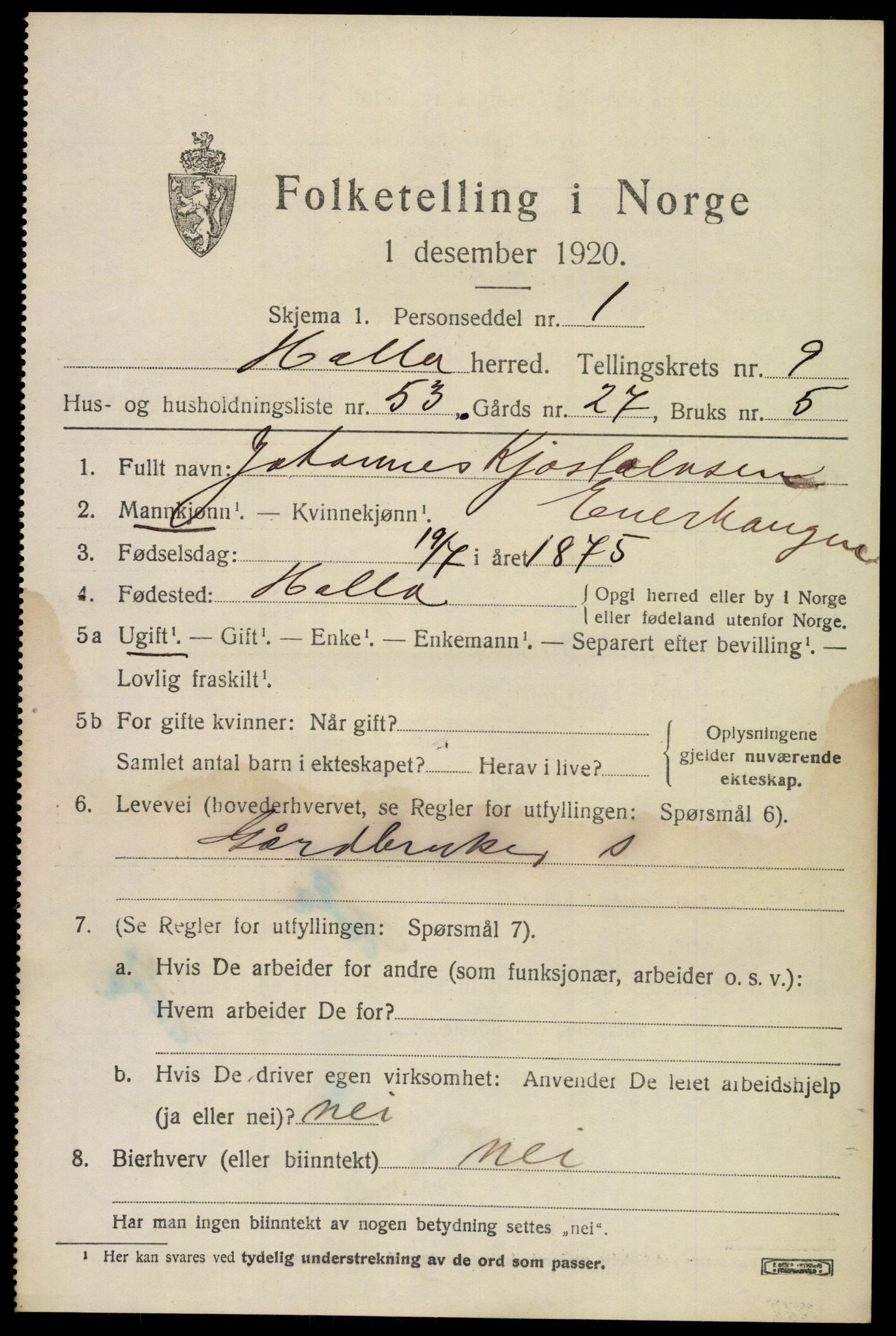 SAKO, 1920 census for Holla, 1920, p. 6075