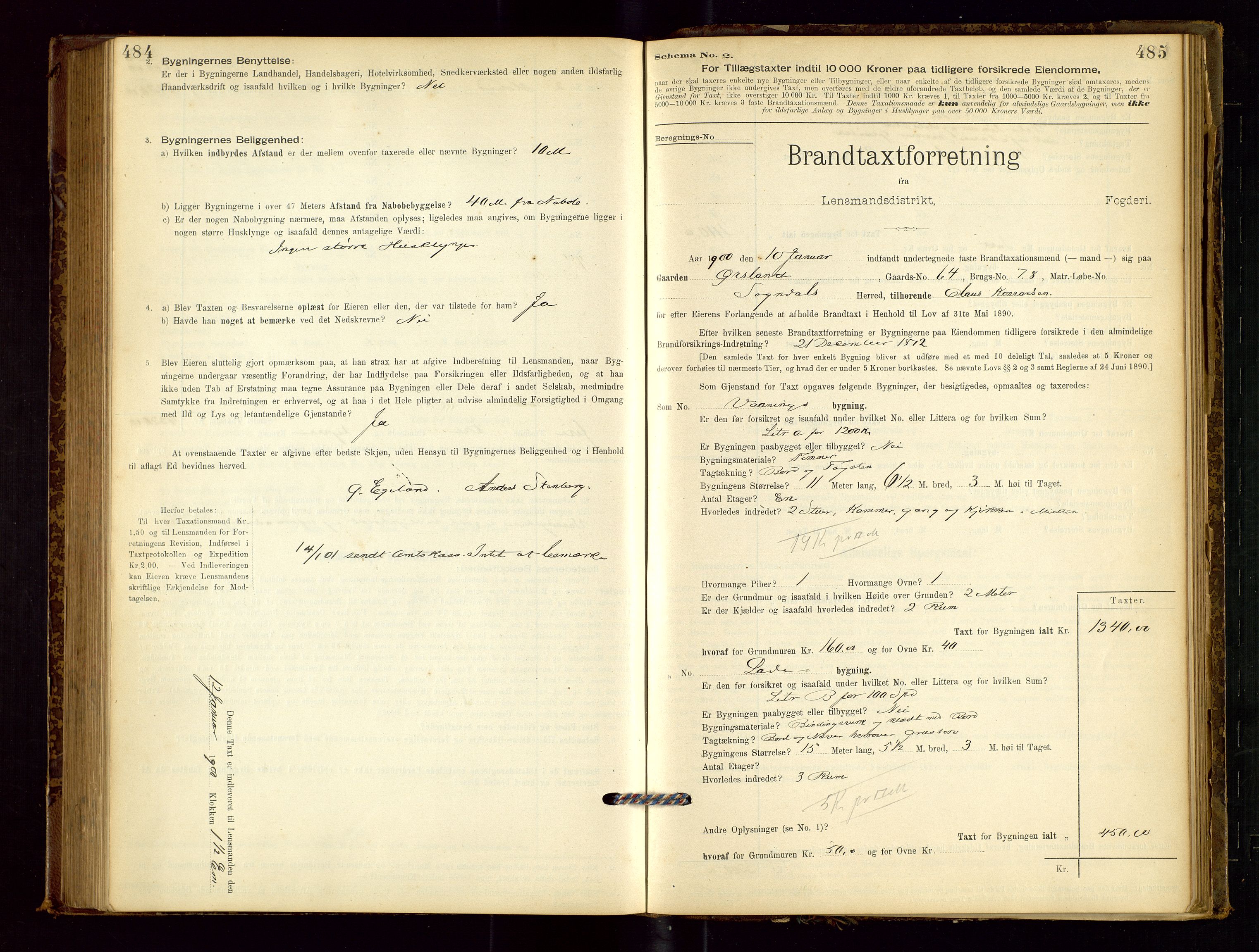 Sokndal lensmannskontor, SAST/A-100417/Gob/L0001: "Brandtaxt-Protokol", 1895-1902, p. 484-485