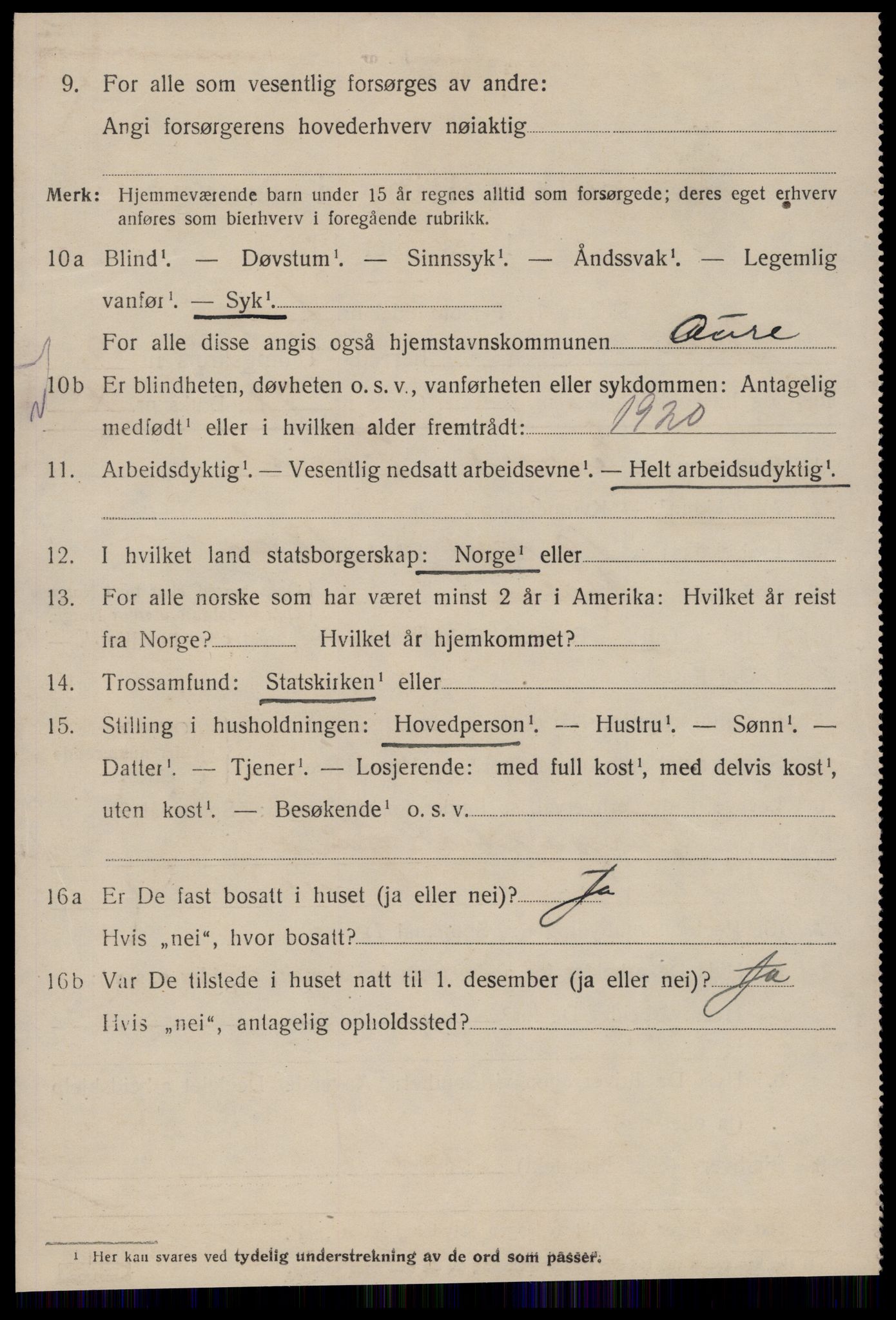 SAT, 1920 census for Aure, 1920, p. 3539