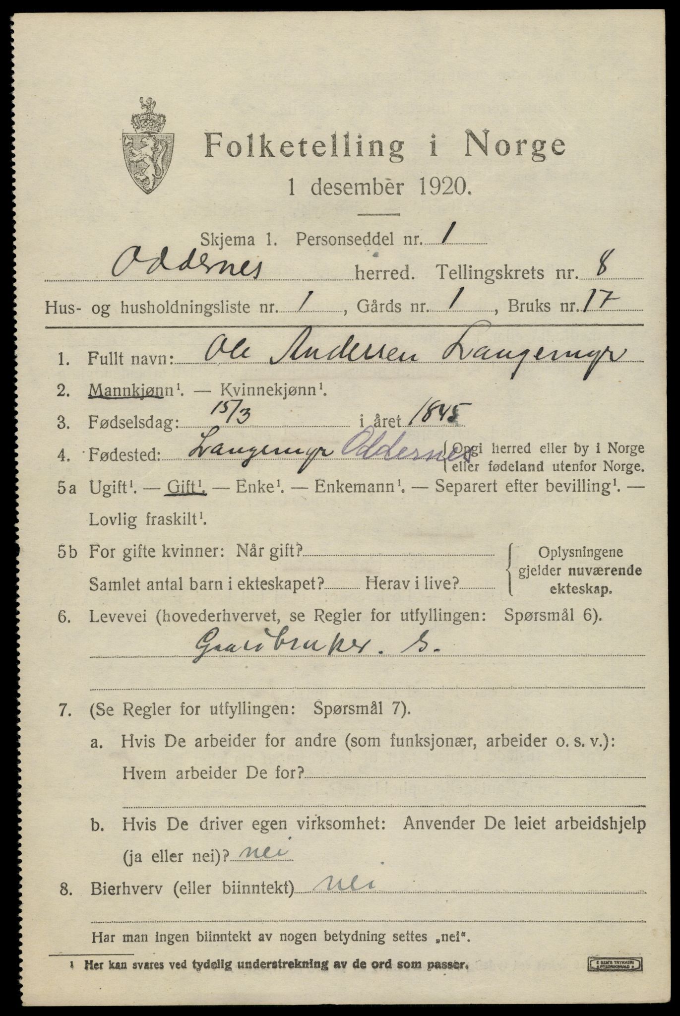 SAK, 1920 census for Oddernes, 1920, p. 5569