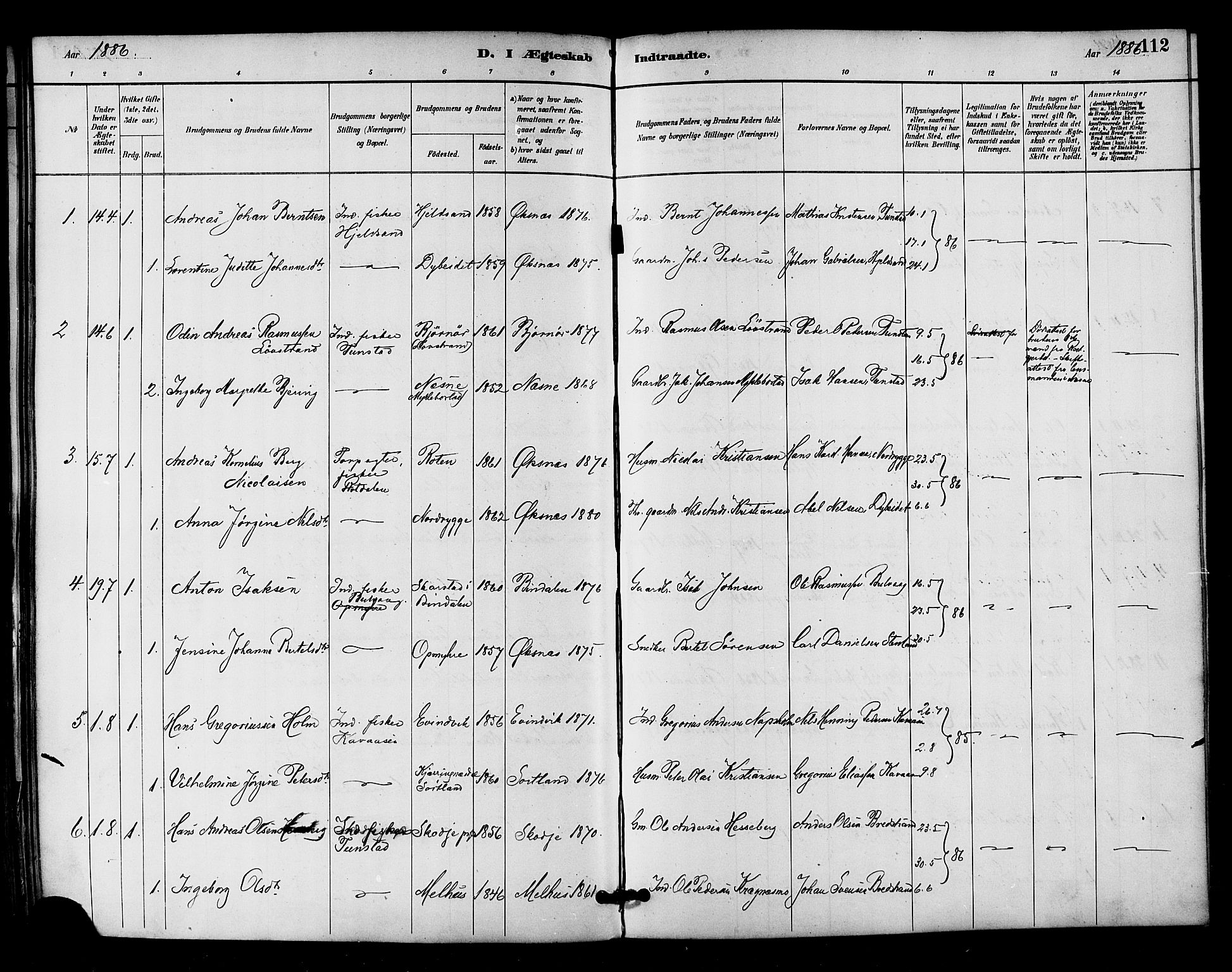 Ministerialprotokoller, klokkerbøker og fødselsregistre - Nordland, SAT/A-1459/893/L1337: Parish register (official) no. 893A09, 1885-1893, p. 112