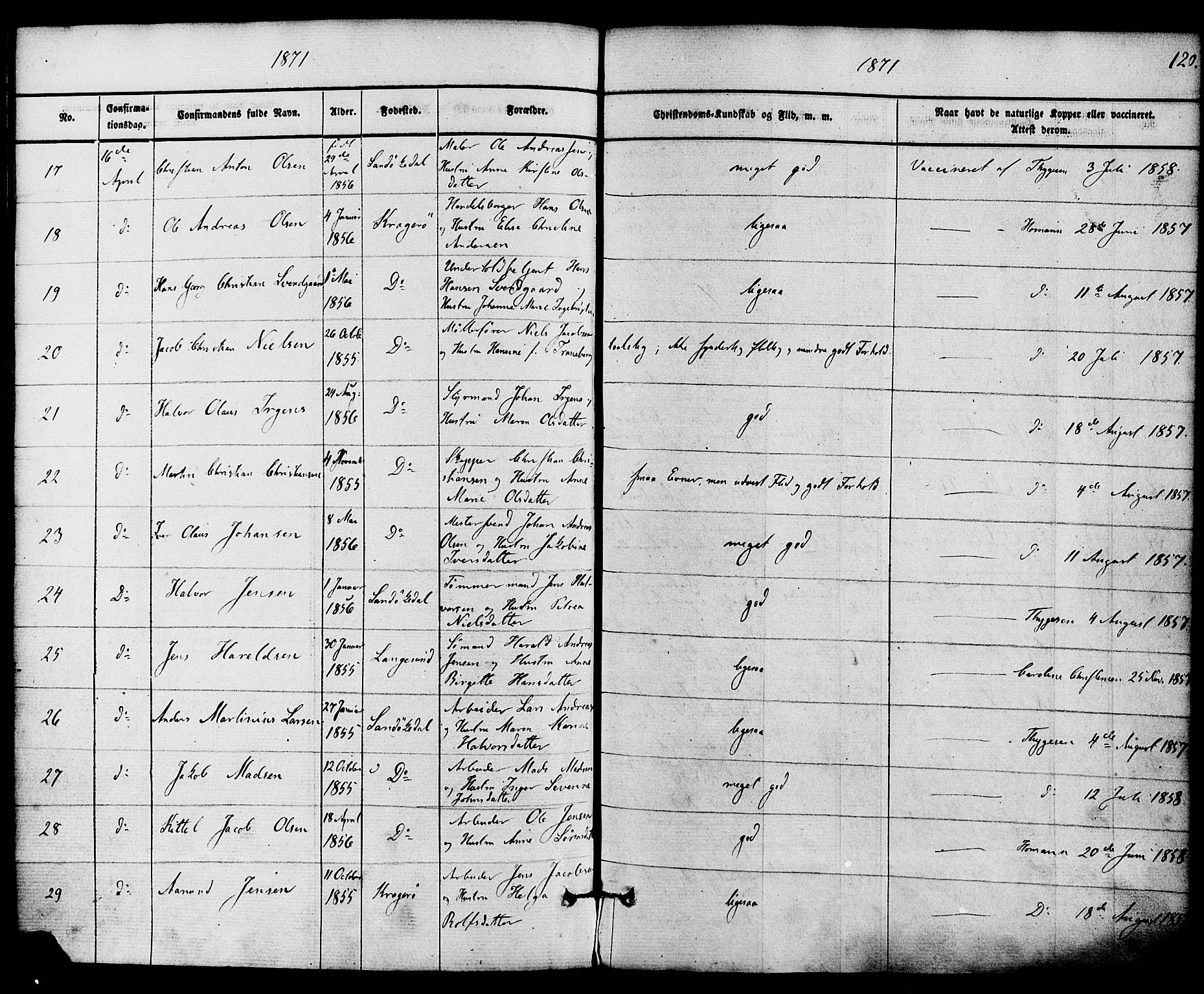 Kragerø kirkebøker, AV/SAKO-A-278/F/Fa/L0008: Parish register (official) no. 8, 1856-1880, p. 120