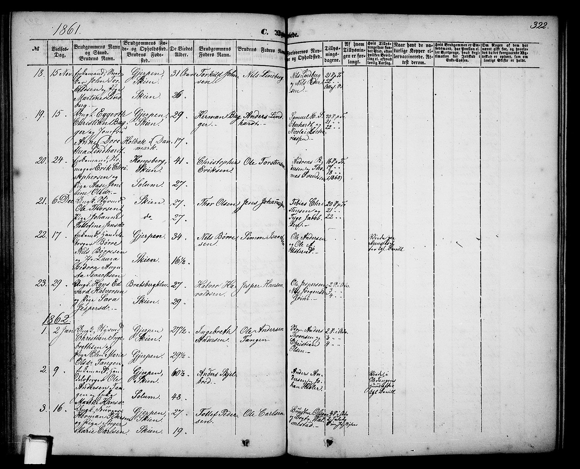 Skien kirkebøker, SAKO/A-302/G/Ga/L0004: Parish register (copy) no. 4, 1843-1867, p. 322