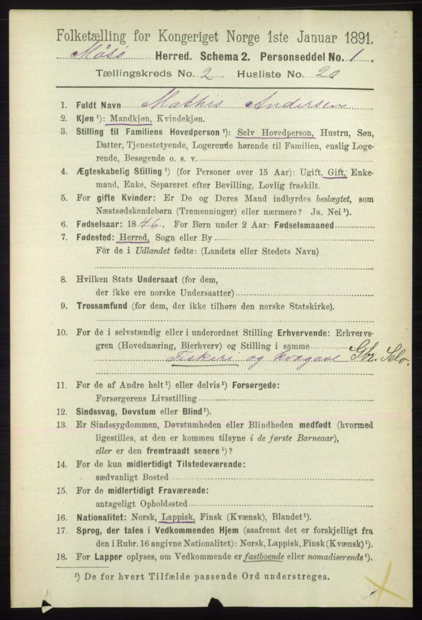 RA, 1891 census for 2018 Måsøy, 1891, p. 350