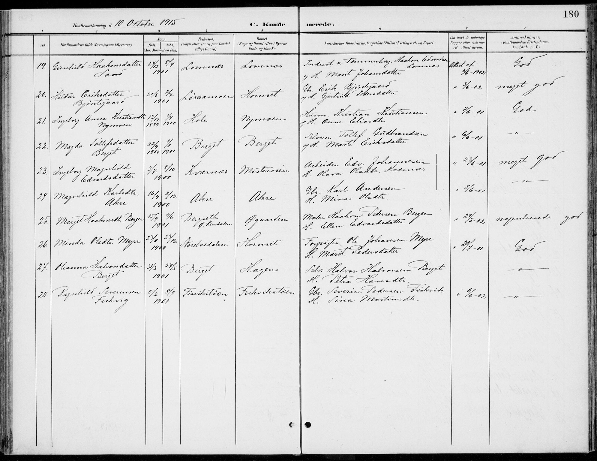 Rendalen prestekontor, AV/SAH-PREST-054/H/Ha/Haa/L0011: Parish register (official) no. 11, 1901-1925, p. 180