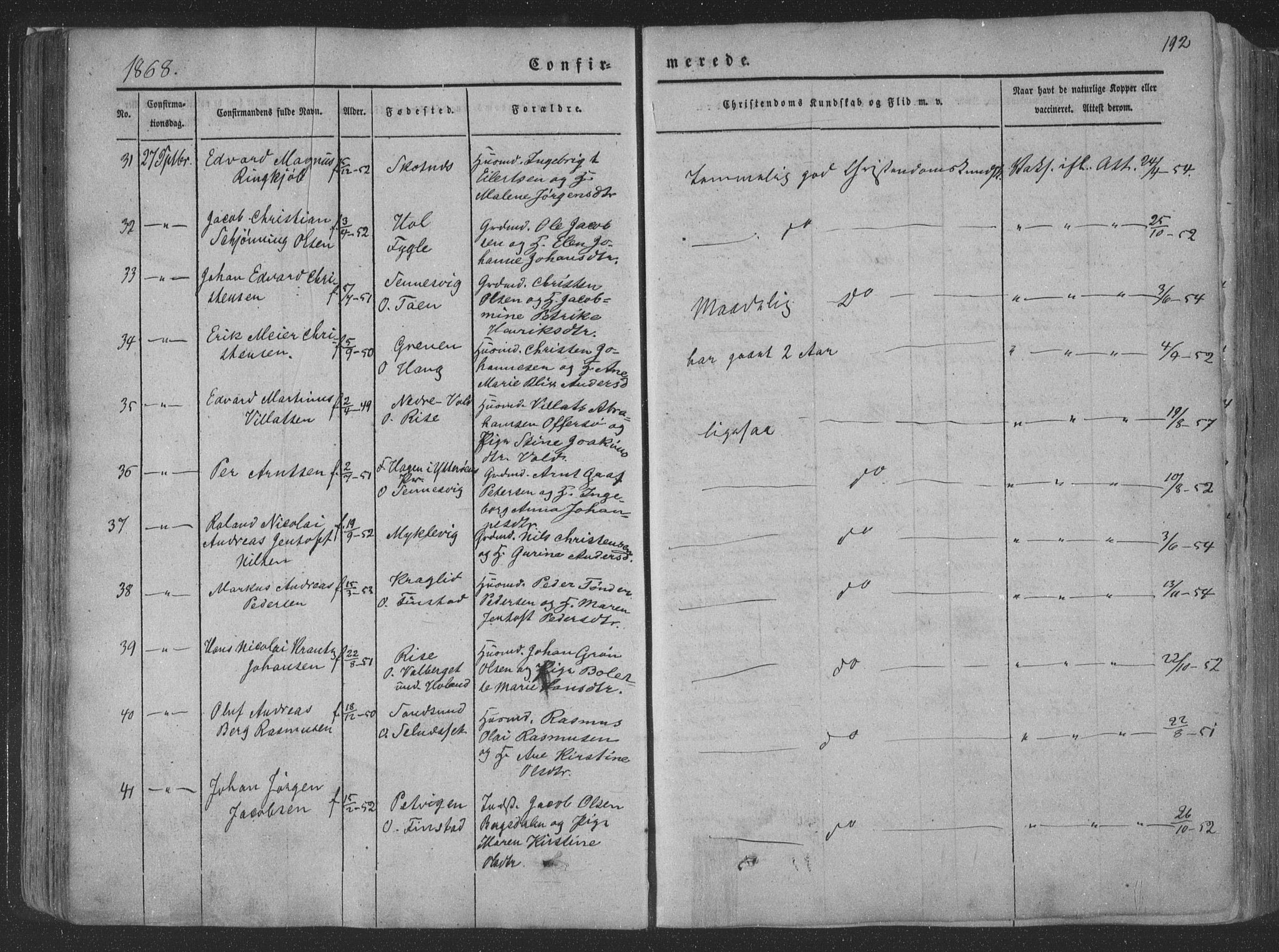 Ministerialprotokoller, klokkerbøker og fødselsregistre - Nordland, AV/SAT-A-1459/881/L1165: Parish register (copy) no. 881C02, 1854-1876, p. 192