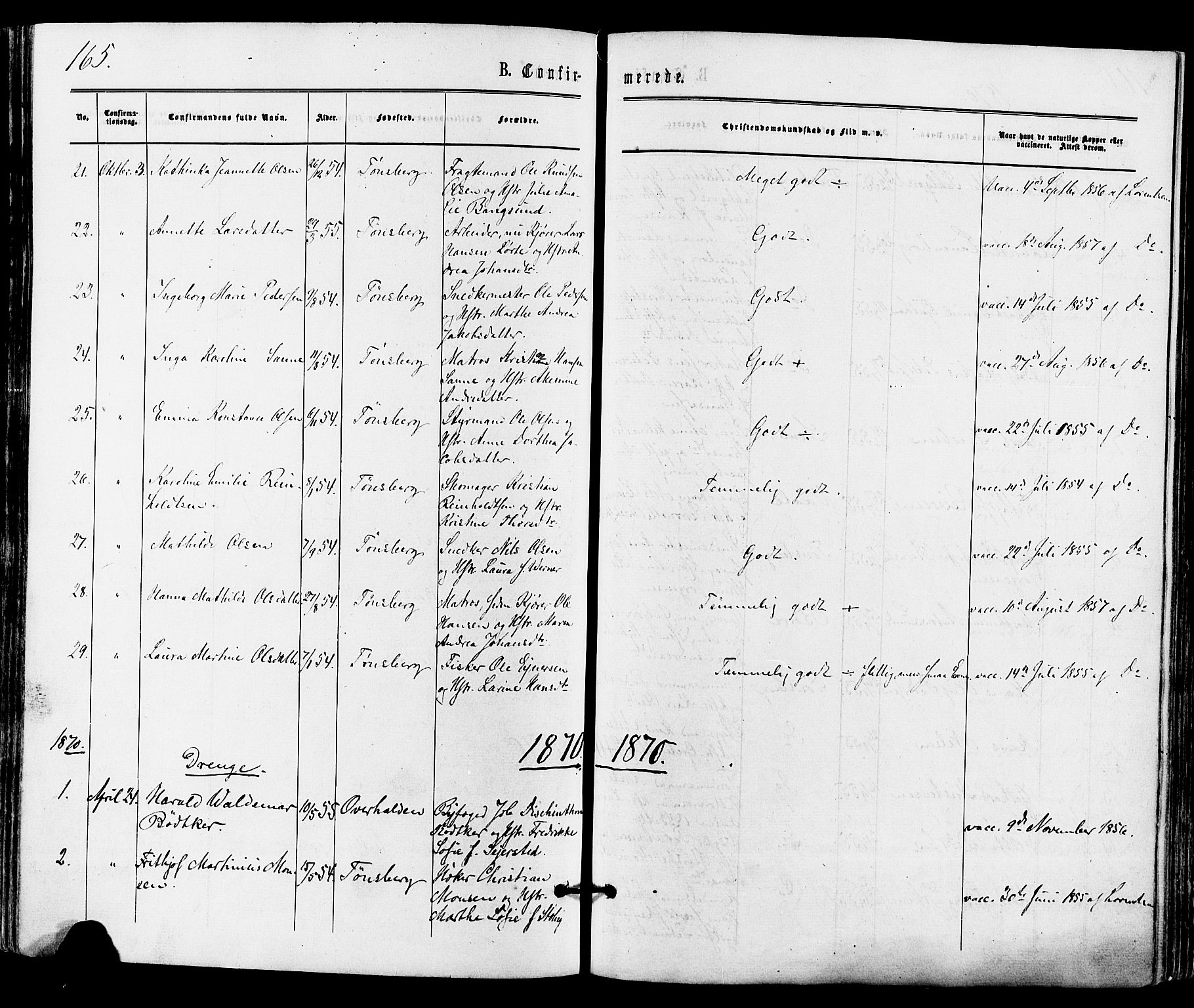 Tønsberg kirkebøker, SAKO/A-330/F/Fa/L0009: Parish register (official) no. I 9, 1865-1873, p. 165