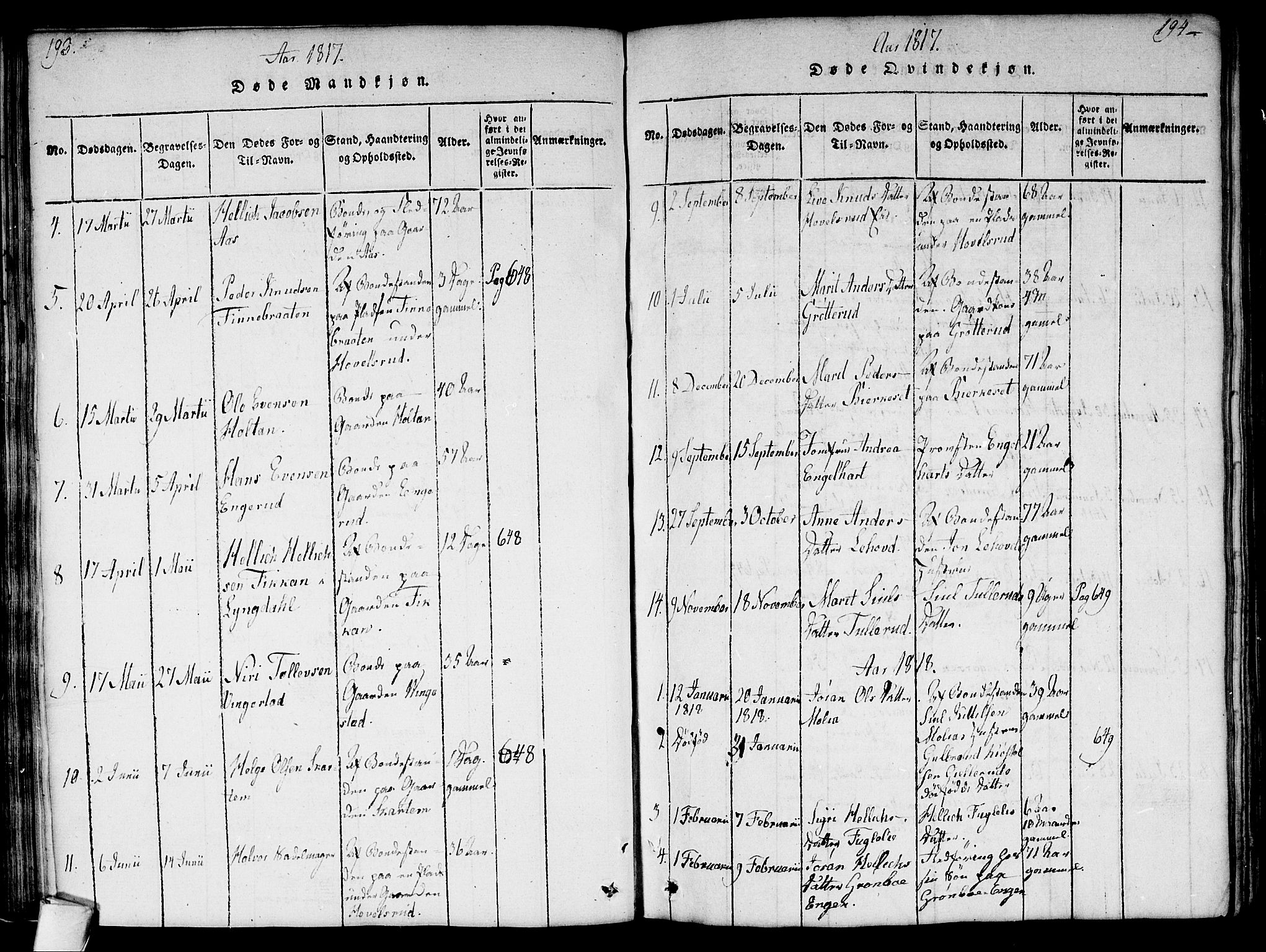 Flesberg kirkebøker, AV/SAKO-A-18/G/Ga/L0001: Parish register (copy) no. I 1, 1816-1834, p. 193-194