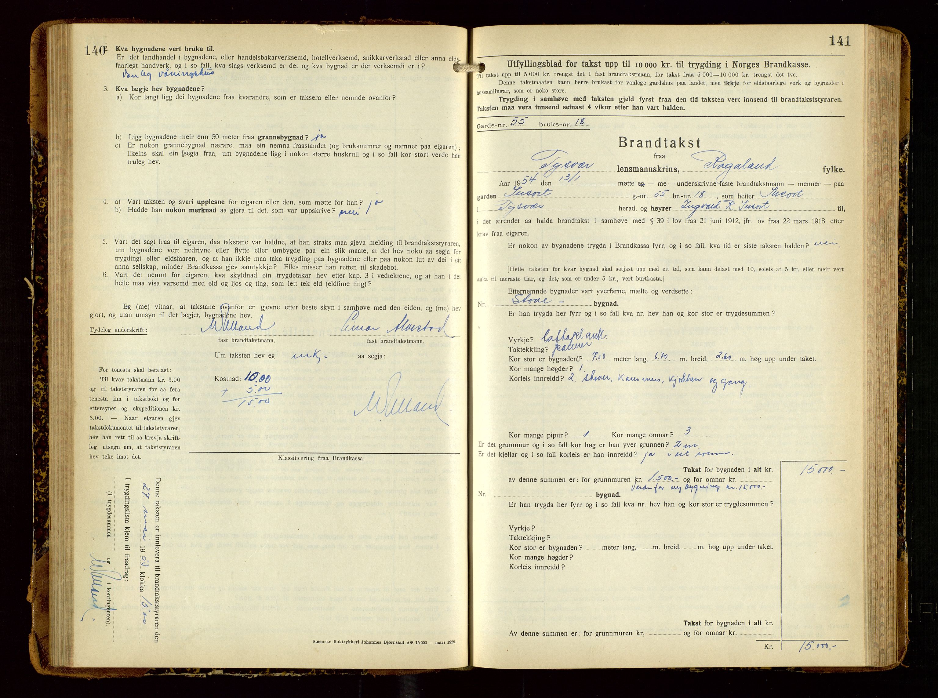 Tysvær lensmannskontor, AV/SAST-A-100192/Gob/L0003: "Brandtakstbok for Tysvær lensmannskrins", 1932-1955, p. 140-141