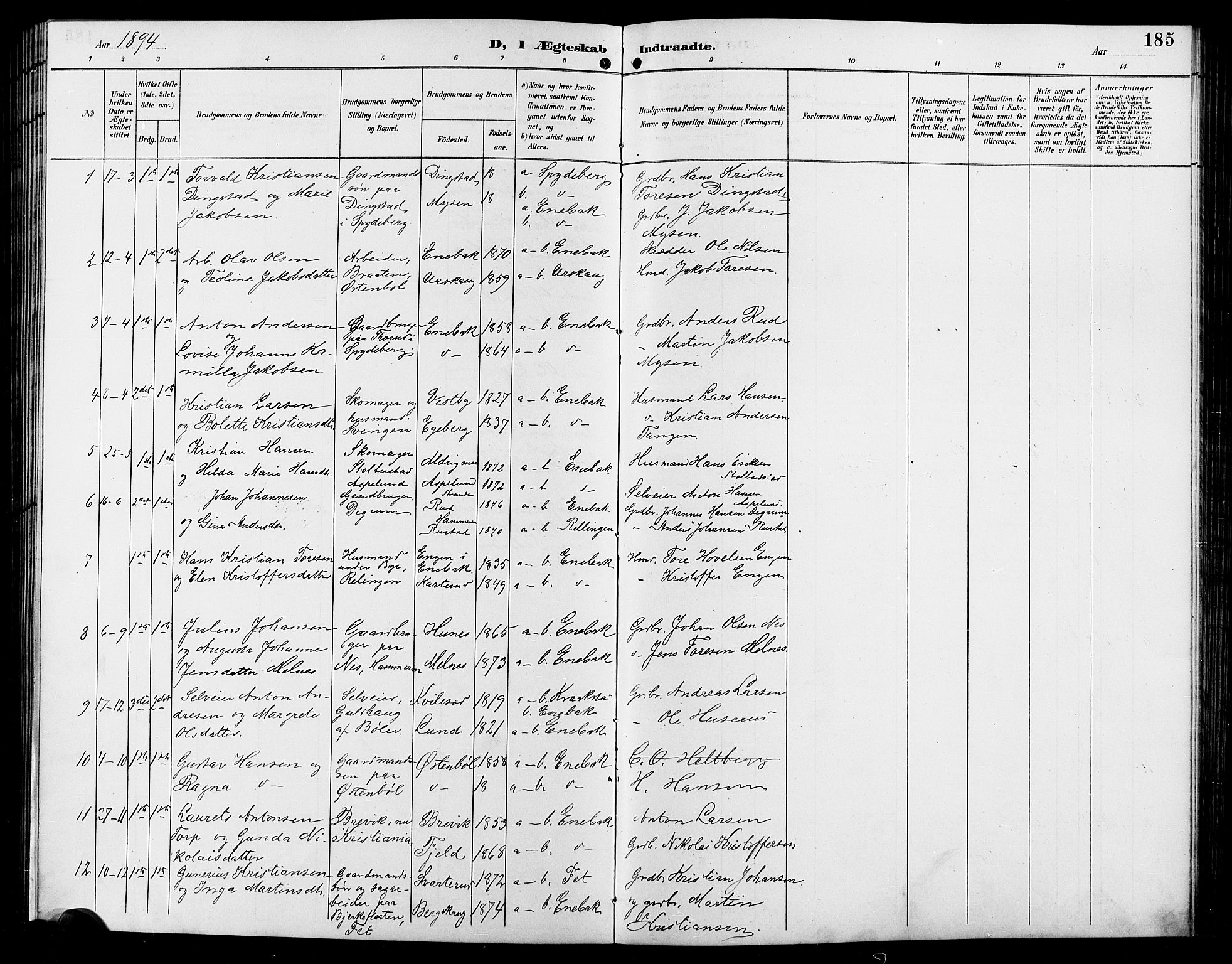 Enebakk prestekontor Kirkebøker, SAO/A-10171c/G/Ga/L0006: Parish register (copy) no. I 6, 1889-1911, p. 185