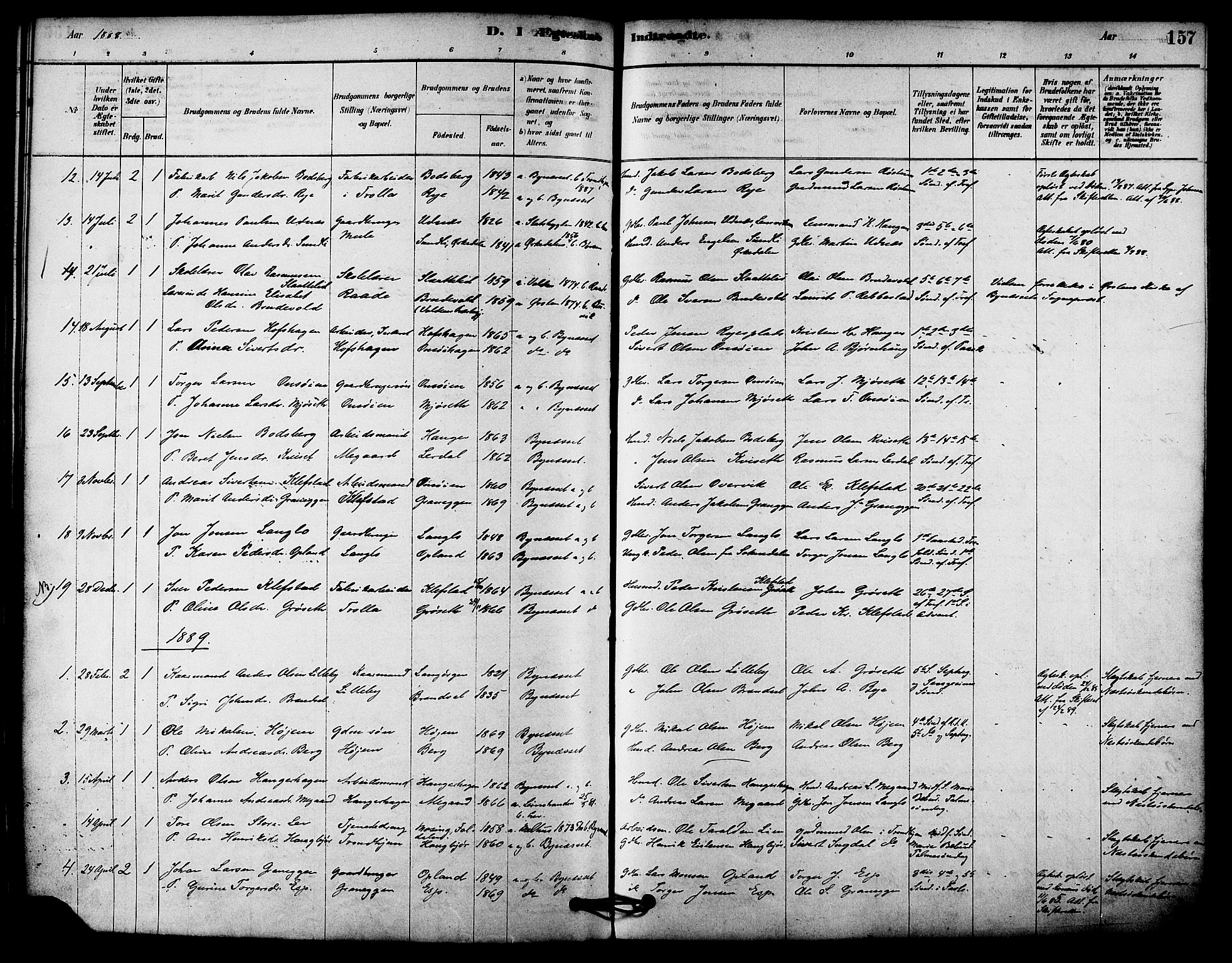 Ministerialprotokoller, klokkerbøker og fødselsregistre - Sør-Trøndelag, AV/SAT-A-1456/612/L0378: Parish register (official) no. 612A10, 1878-1897, p. 157