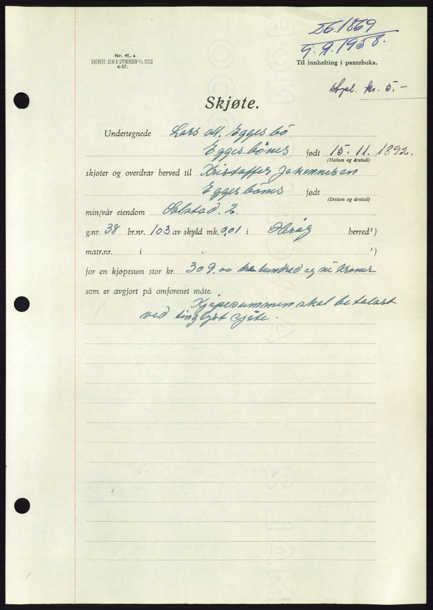 Søre Sunnmøre sorenskriveri, AV/SAT-A-4122/1/2/2C/L0110: Mortgage book no. 36A, 1958-1958, Diary no: : 1869/1958
