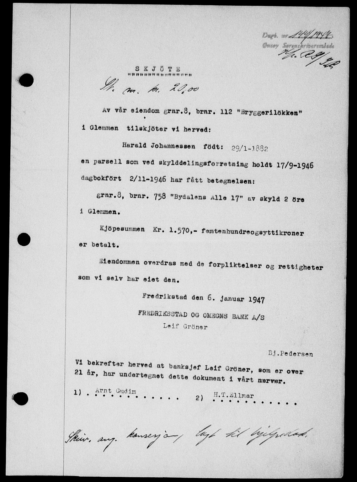 Onsøy sorenskriveri, SAO/A-10474/G/Ga/Gab/L0018: Mortgage book no. II A-18, 1946-1947, Diary no: : 144/1947