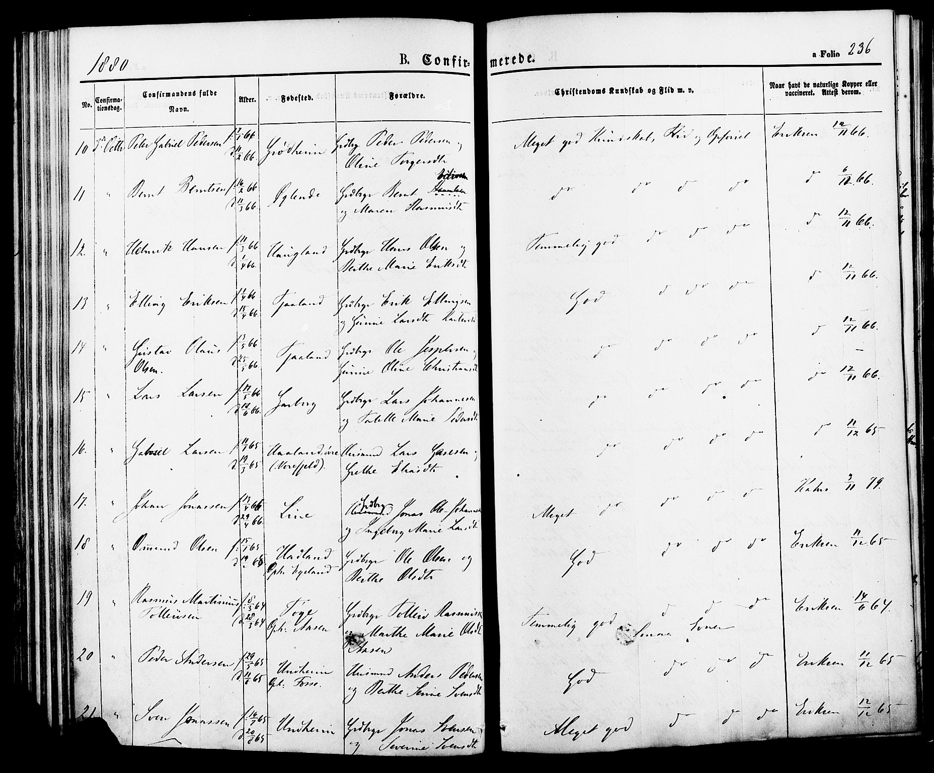 Lye sokneprestkontor, AV/SAST-A-101794/001/30BA/L0008: Parish register (official) no. A 7, 1872-1881, p. 236