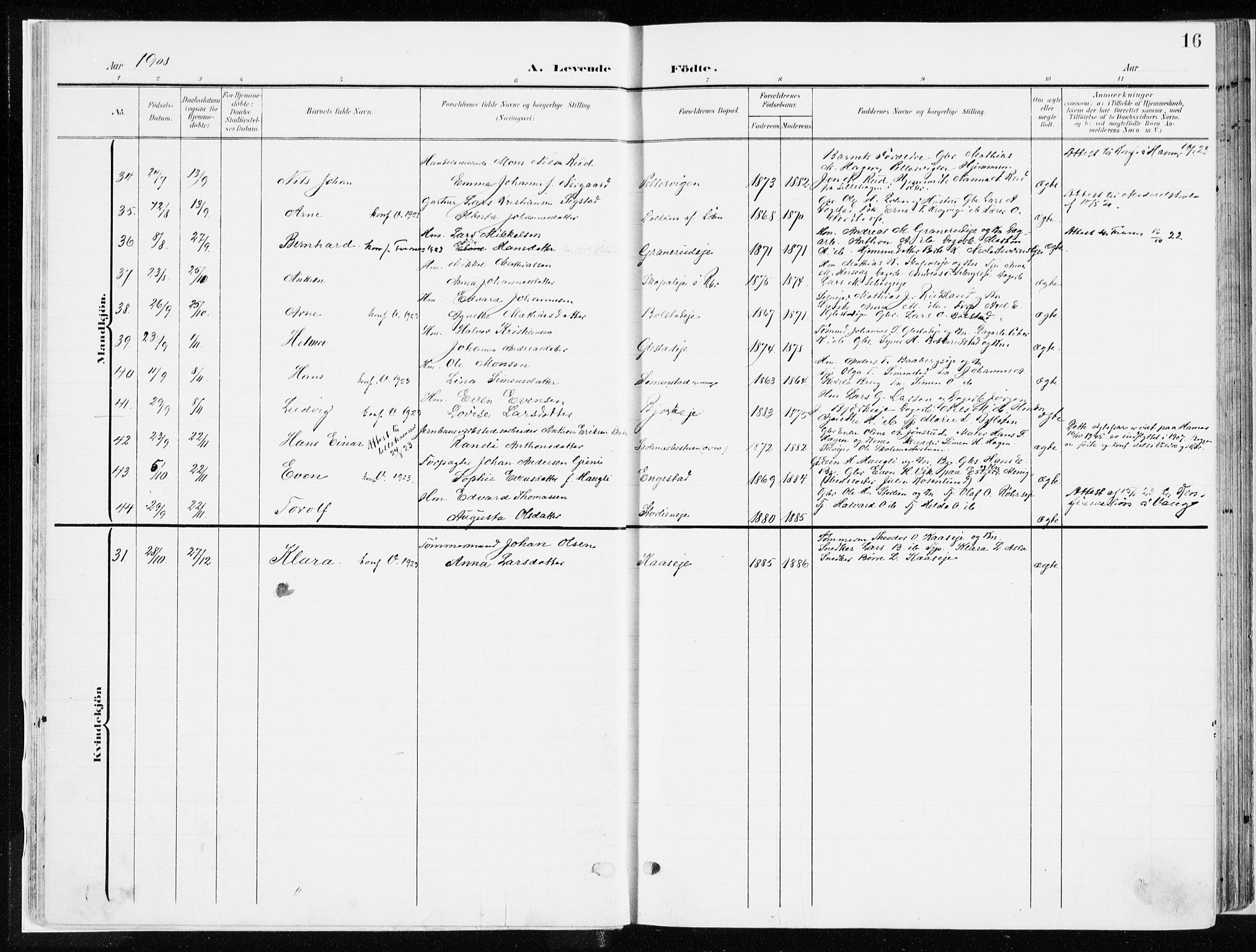 Ringsaker prestekontor, AV/SAH-PREST-014/K/Ka/L0019: Parish register (official) no. 19, 1905-1920, p. 16