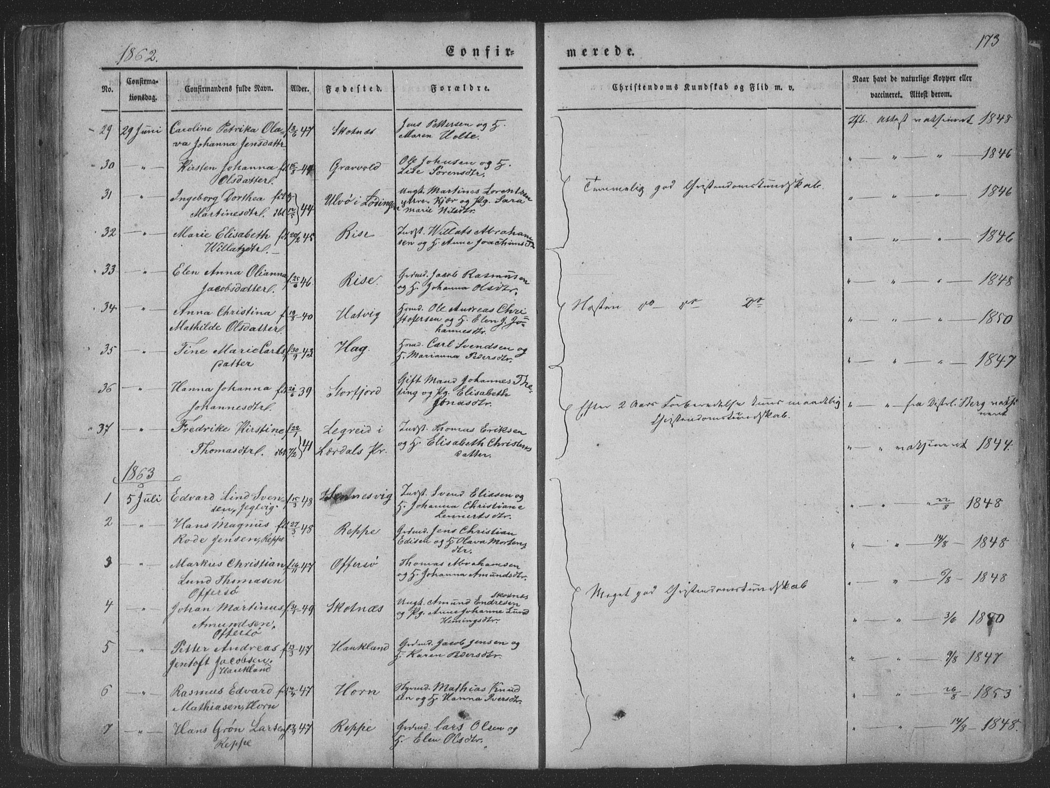 Ministerialprotokoller, klokkerbøker og fødselsregistre - Nordland, AV/SAT-A-1459/881/L1165: Parish register (copy) no. 881C02, 1854-1876, p. 173