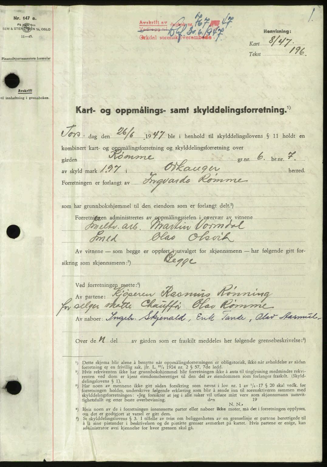Orkdal sorenskriveri, SAT/A-4169/1/2/2C: Mortgage book no. A, 1947-1947, Diary no: : 767/1947
