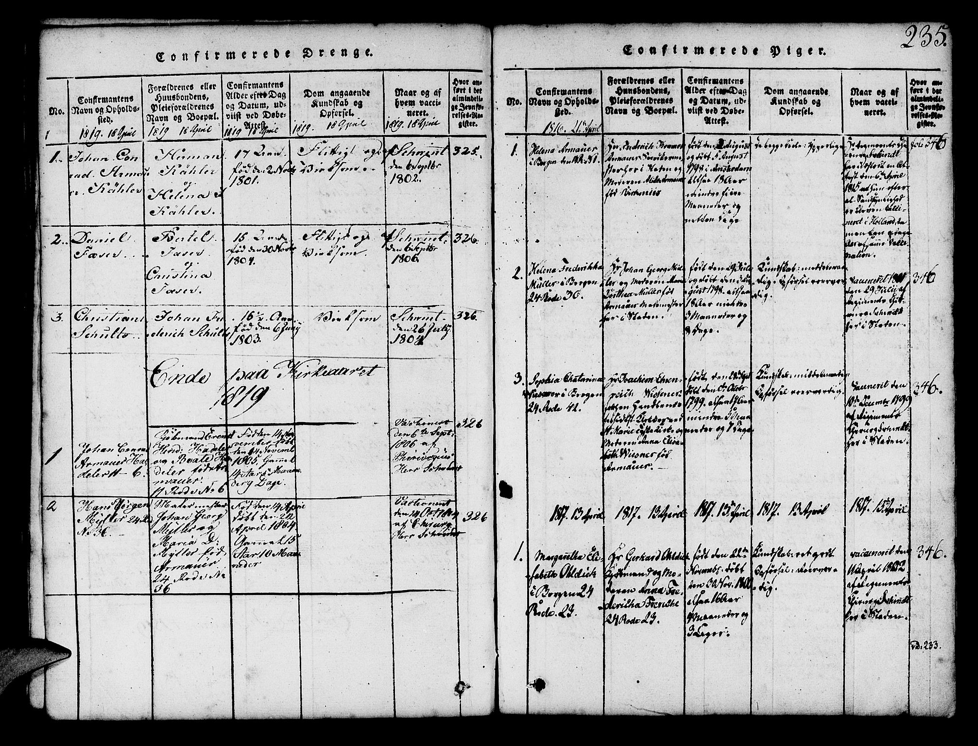 Mariakirken Sokneprestembete, SAB/A-76901/H/Hab/L0001: Parish register (copy) no. A 1, 1815-1846, p. 235