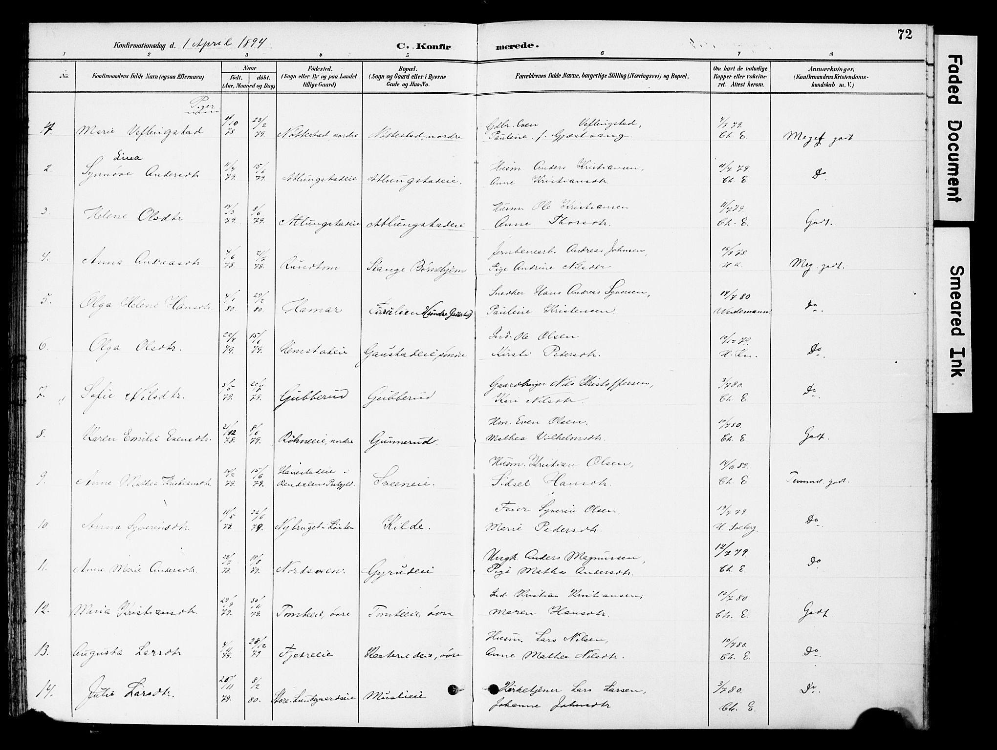 Stange prestekontor, AV/SAH-PREST-002/K/L0021: Parish register (official) no. 21, 1891-1902, p. 72