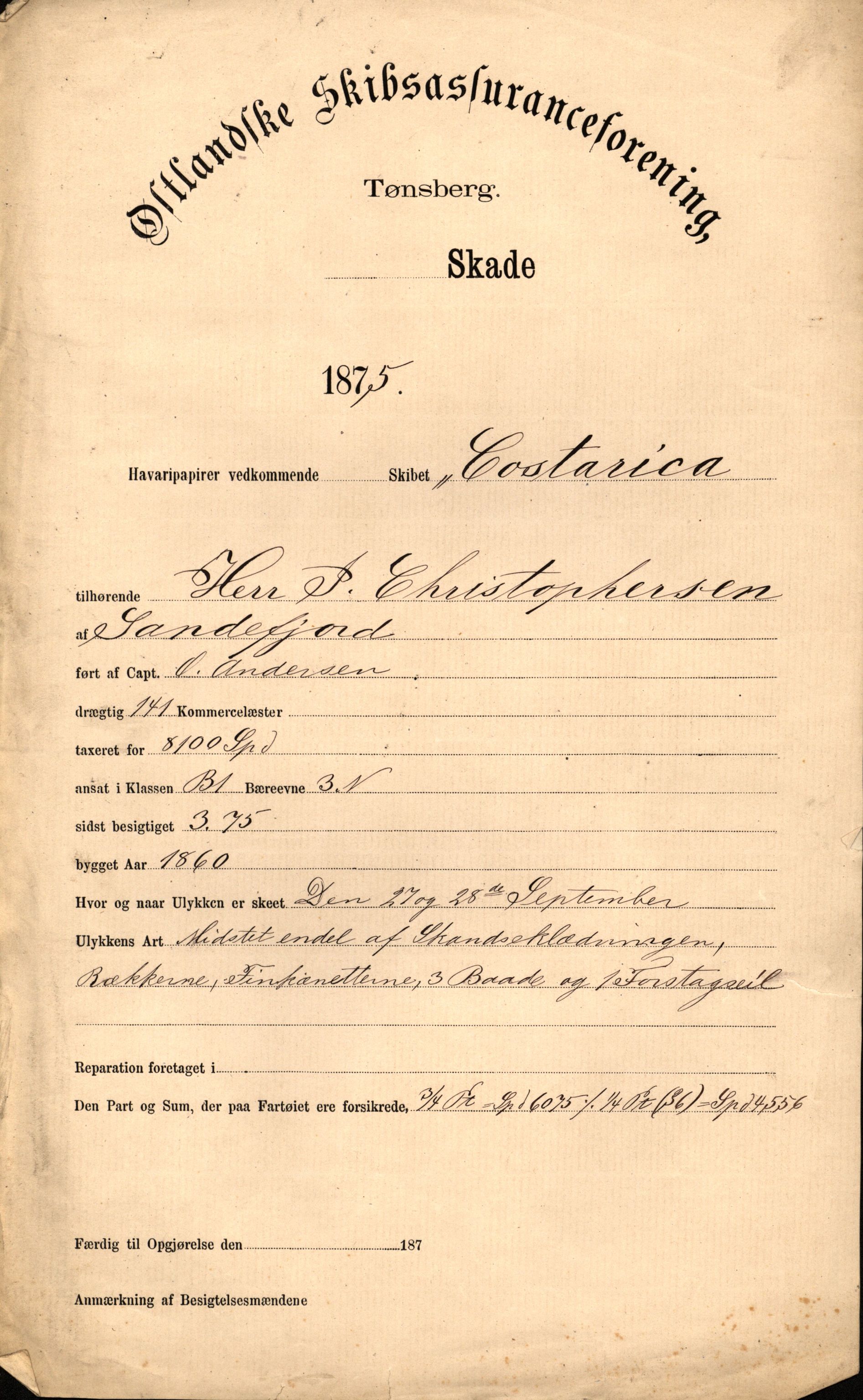 Pa 63 - Østlandske skibsassuranceforening, VEMU/A-1079/G/Ga/L0007/0011: Havaridokumenter / Costarica, 1875