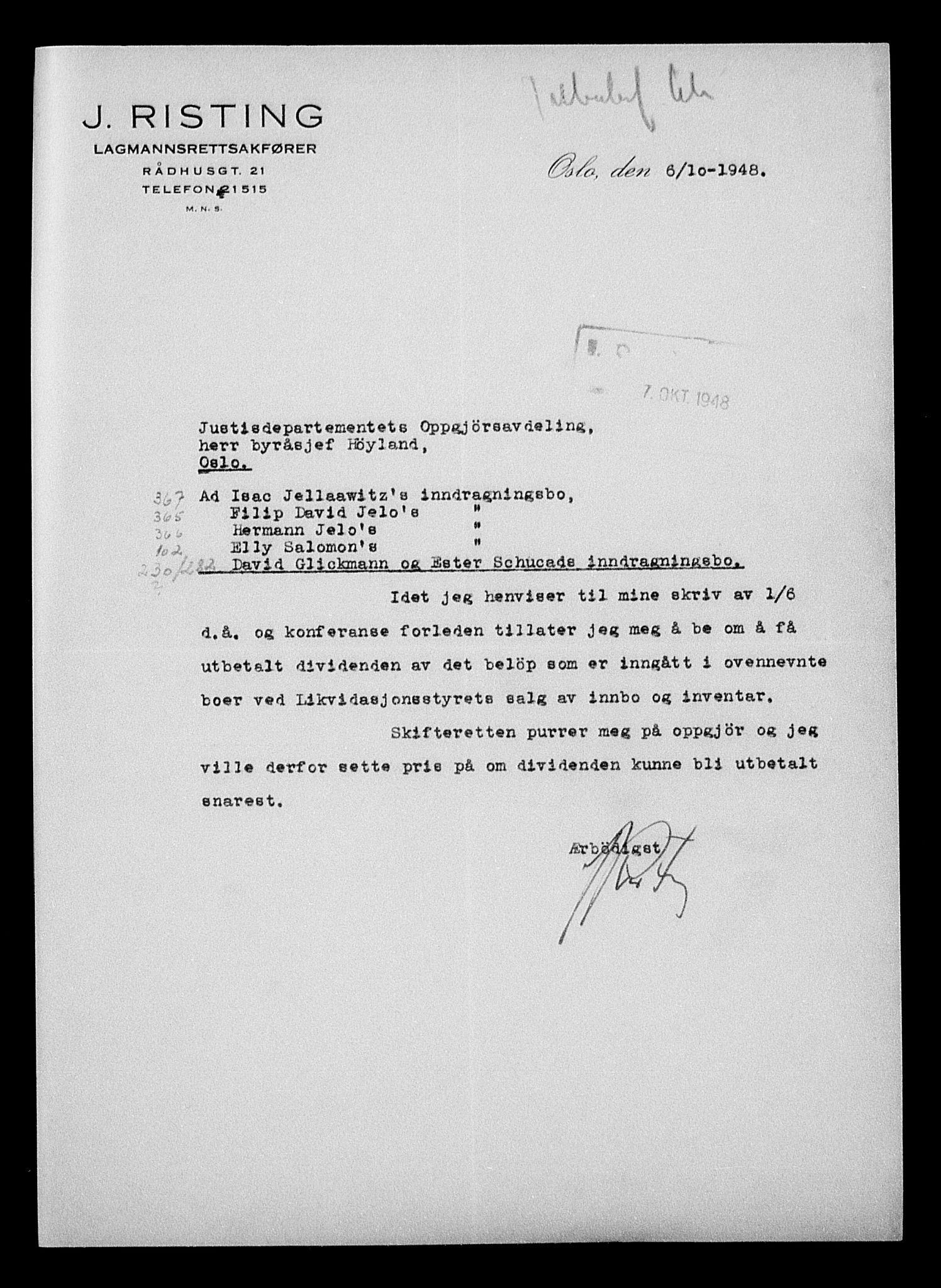 Justisdepartementet, Tilbakeføringskontoret for inndratte formuer, AV/RA-S-1564/H/Hc/Hcc/L0948: --, 1945-1947, p. 6