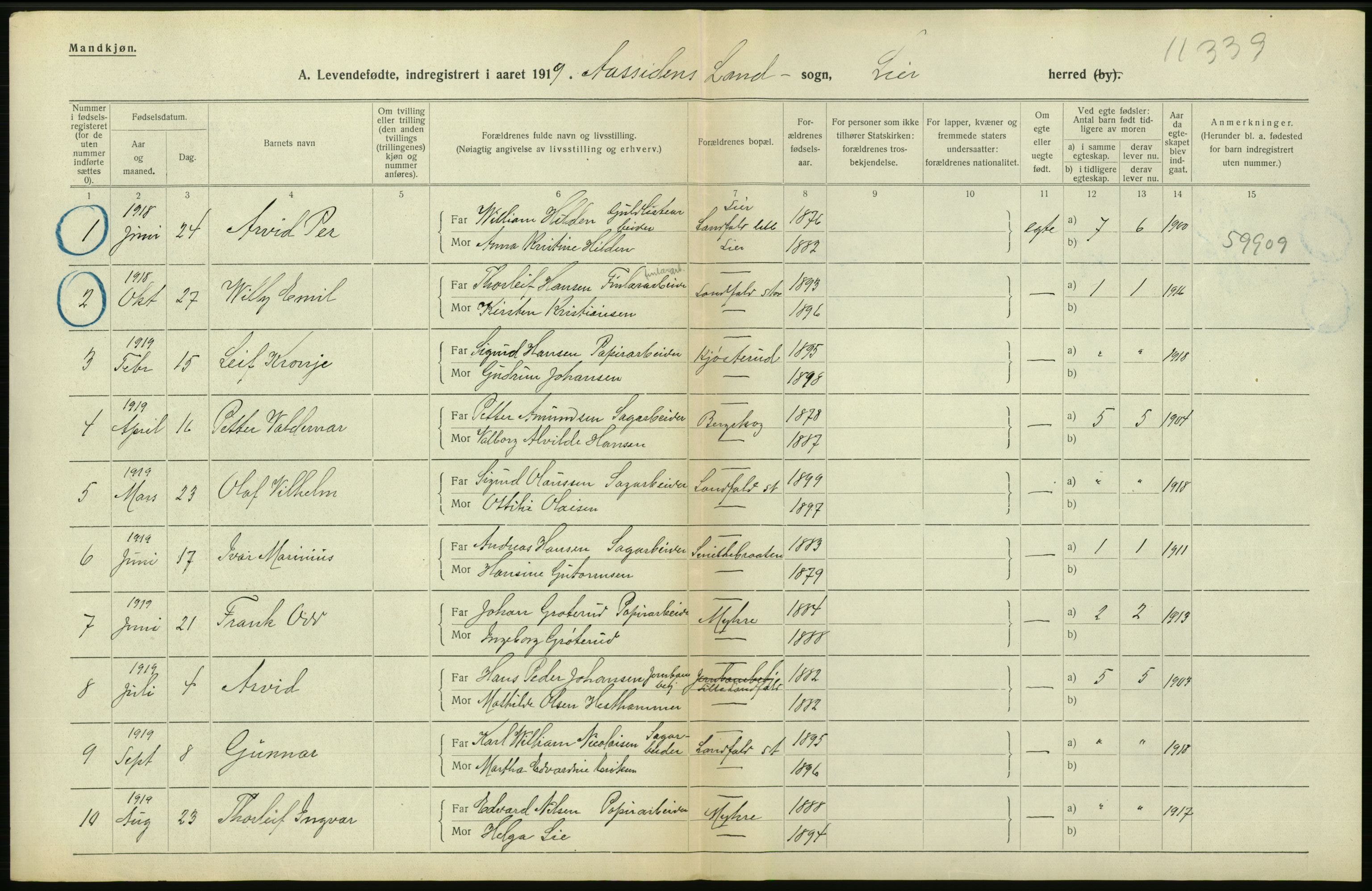 Statistisk sentralbyrå, Sosiodemografiske emner, Befolkning, RA/S-2228/D/Df/Dfb/Dfbi/L0016: Buskerud fylke: Levendefødte menn og kvinner. Bygder., 1919, p. 334