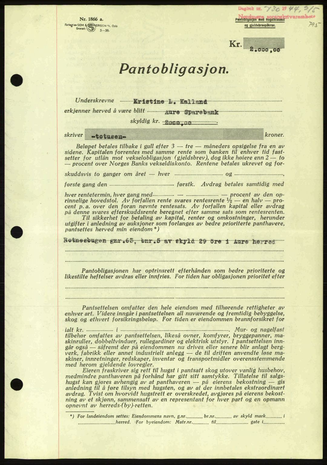 Nordmøre sorenskriveri, AV/SAT-A-4132/1/2/2Ca: Mortgage book no. B91, 1943-1944, Diary no: : 730/1944