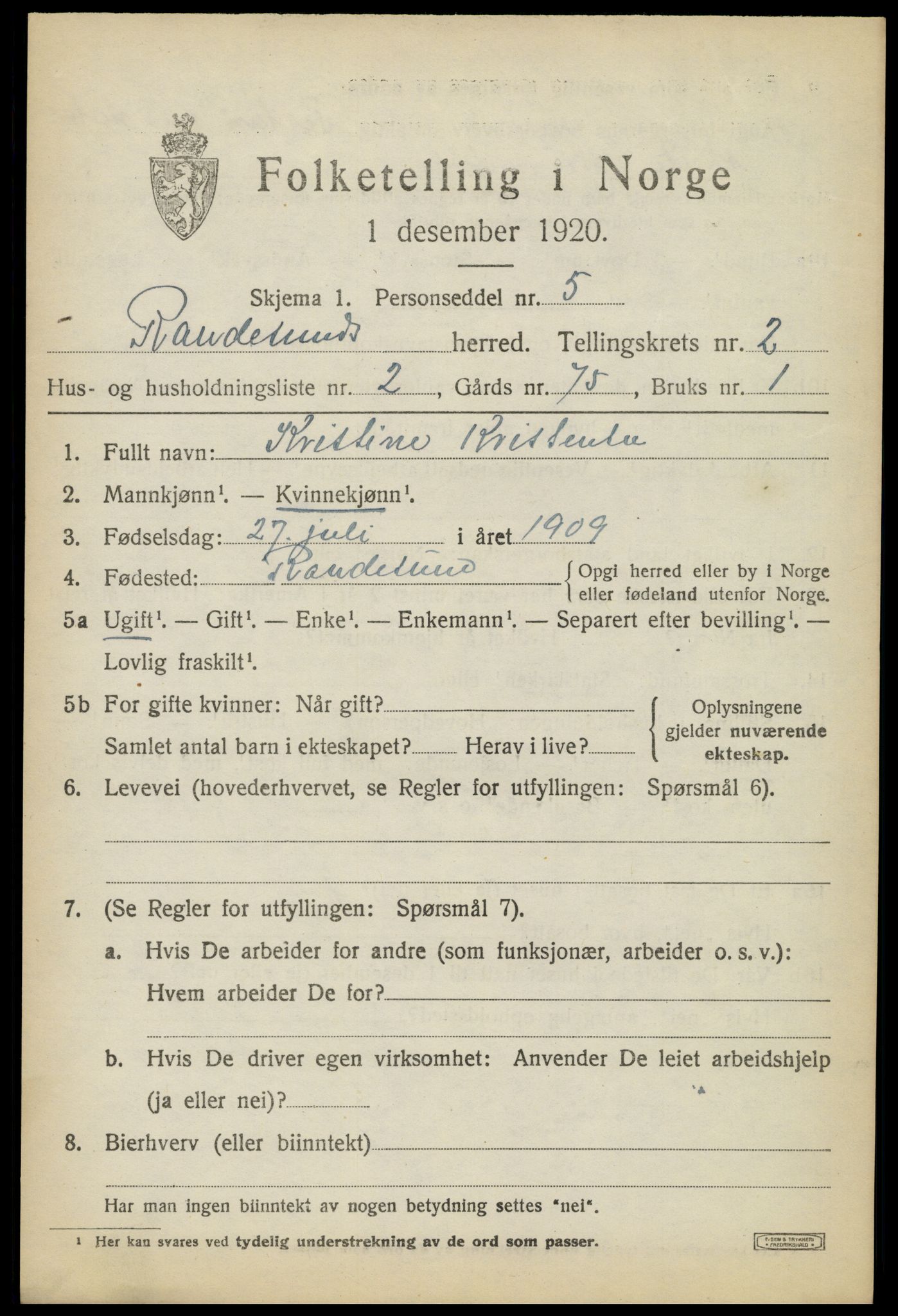 SAK, 1920 census for Randesund, 1920, p. 1102