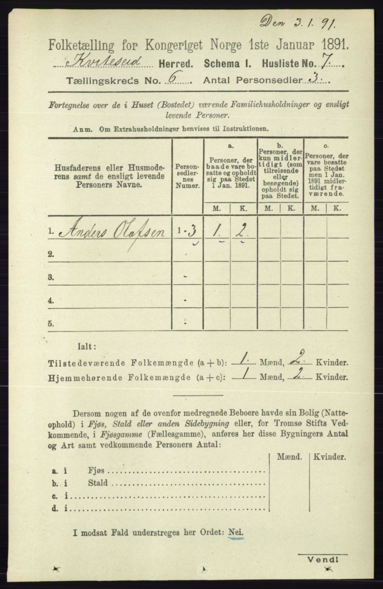 RA, 1891 census for 0829 Kviteseid, 1891, p. 1145