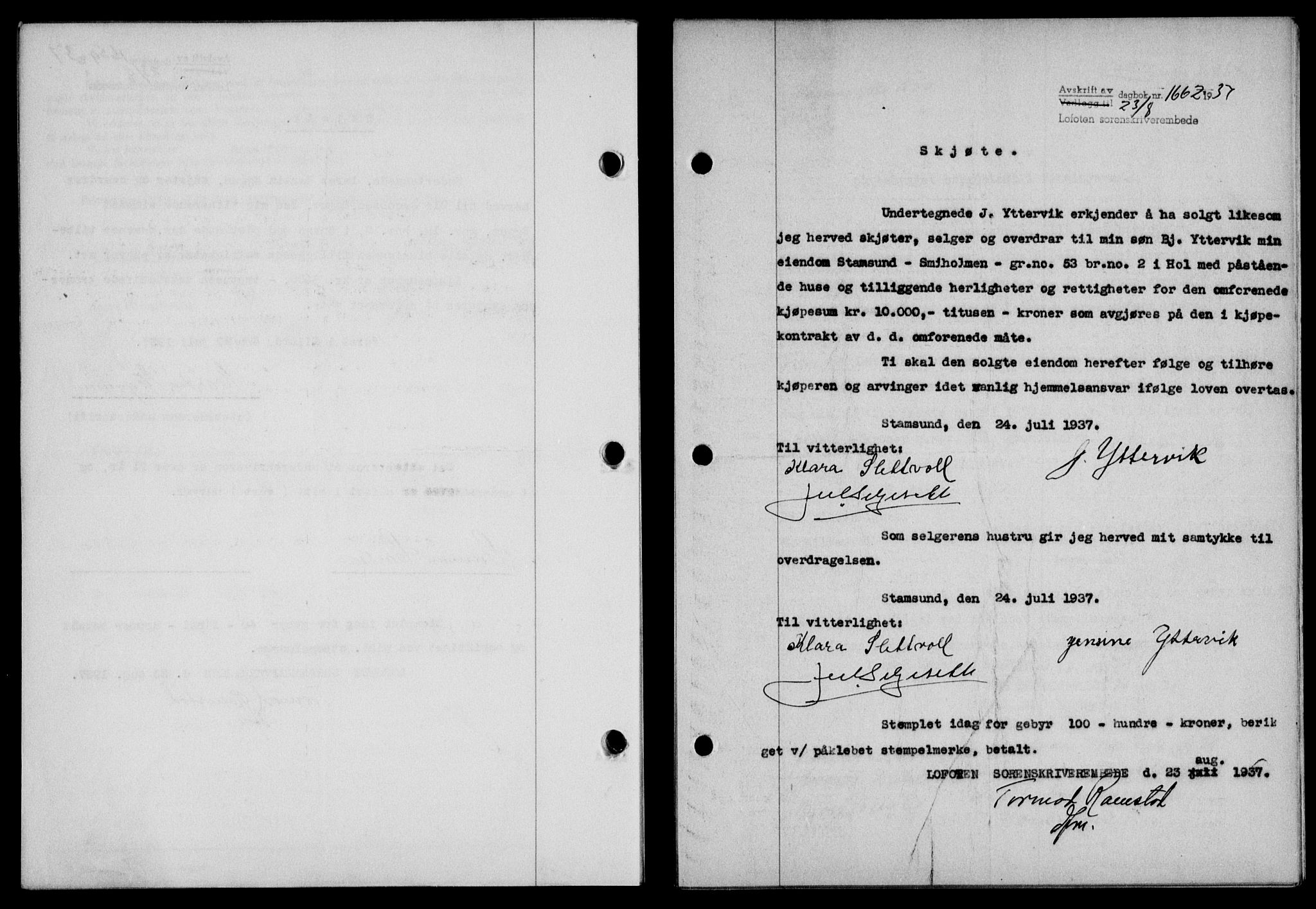 Lofoten sorenskriveri, SAT/A-0017/1/2/2C/L0002a: Mortgage book no. 2a, 1937-1937, Diary no: : 1662/1937