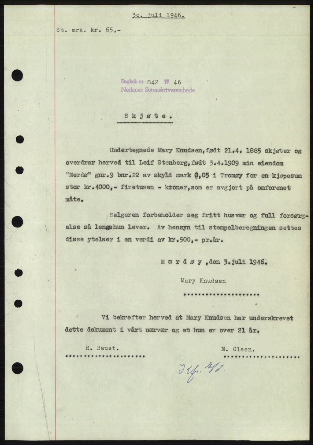 Nedenes sorenskriveri, AV/SAK-1221-0006/G/Gb/Gba/L0055: Mortgage book no. A7, 1946-1946, Diary no: : 842/1946