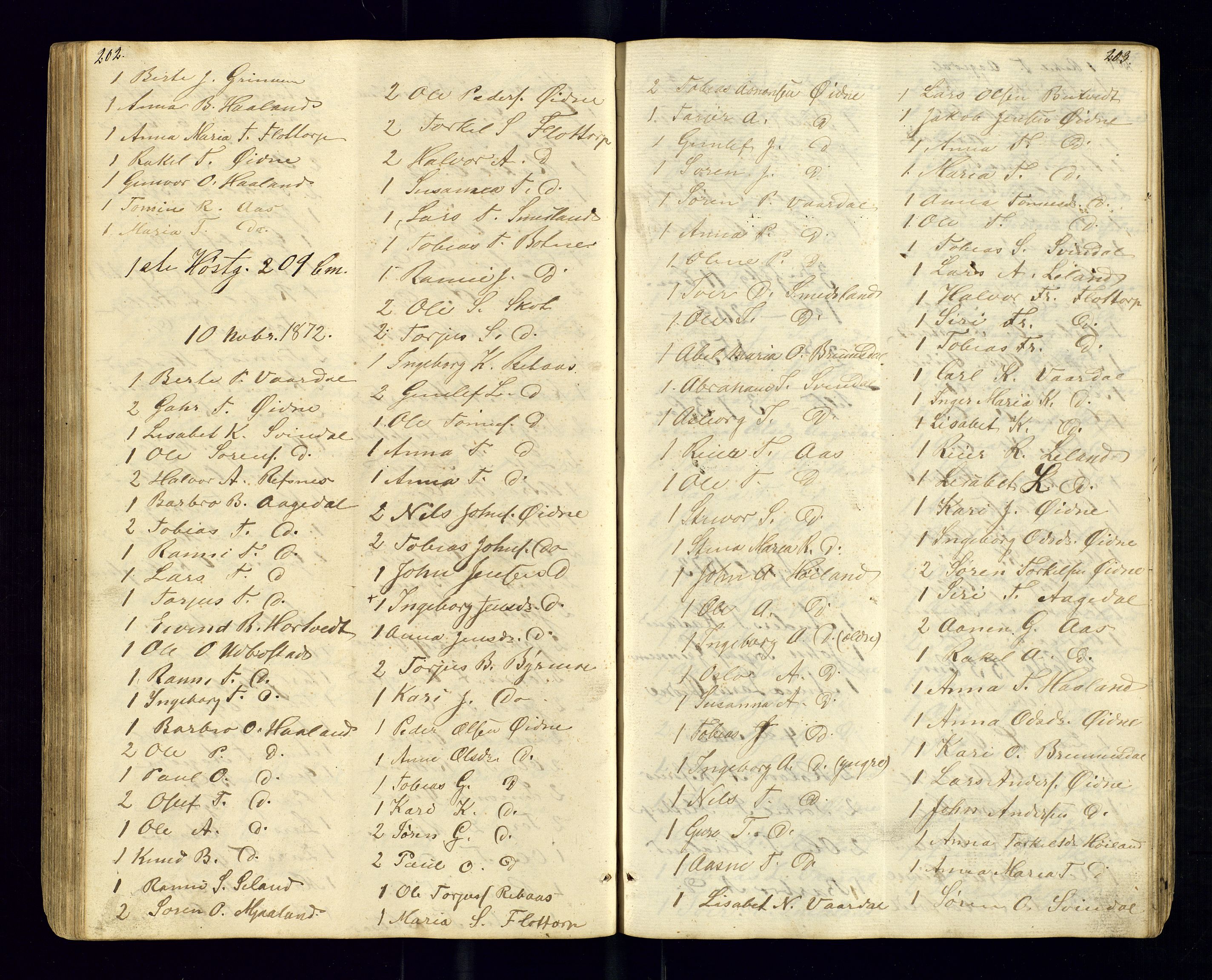 Bjelland sokneprestkontor, SAK/1111-0005/F/Fc/Fcc/L0003: Communicants register no. C-3, 1853-1883, p. 202-203