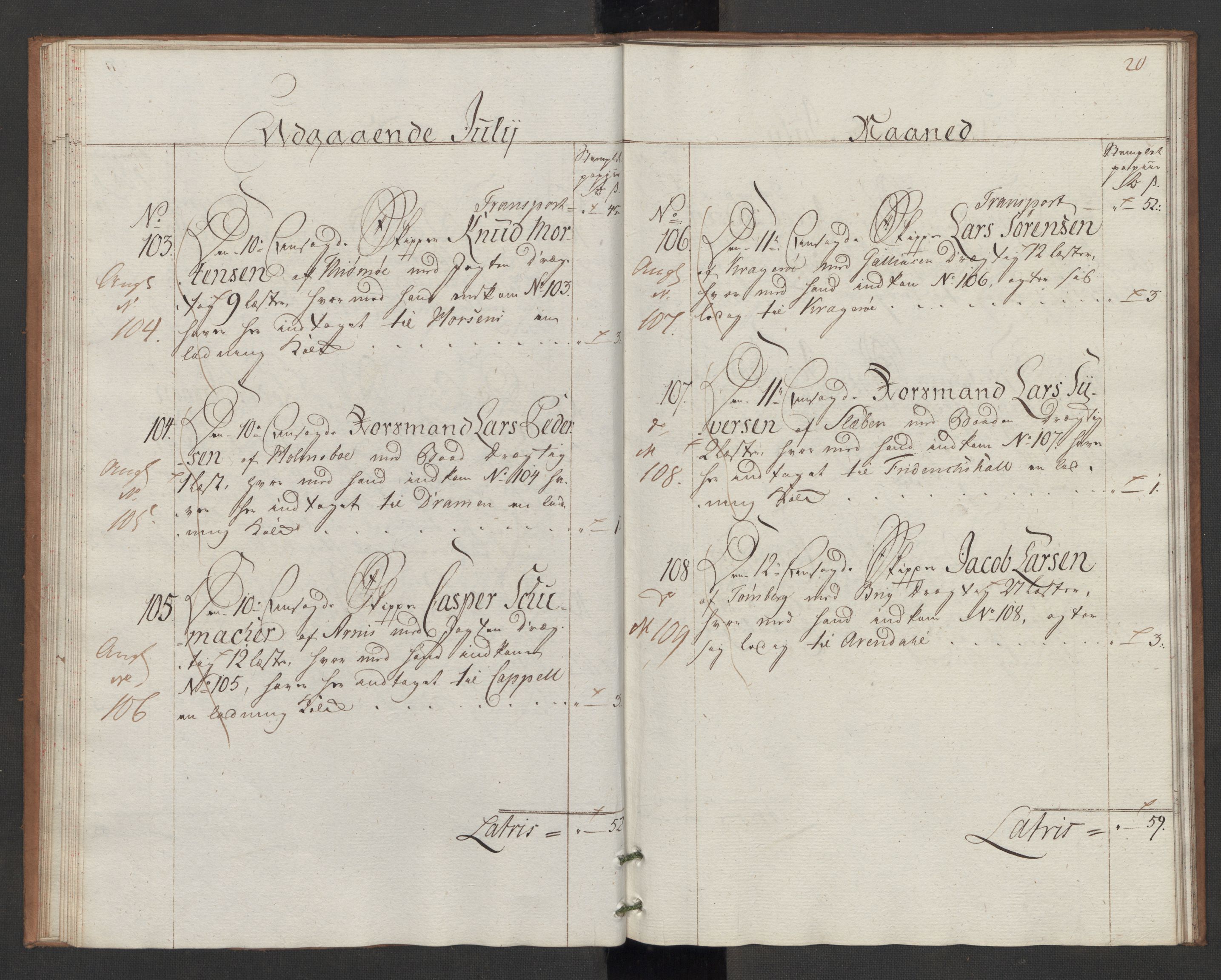 Generaltollkammeret, tollregnskaper, AV/RA-EA-5490/R06/L0166/0002: Tollregnskaper Kristiania / Utgående hovedtollbok Slependen, 1786, p. 19b-20a