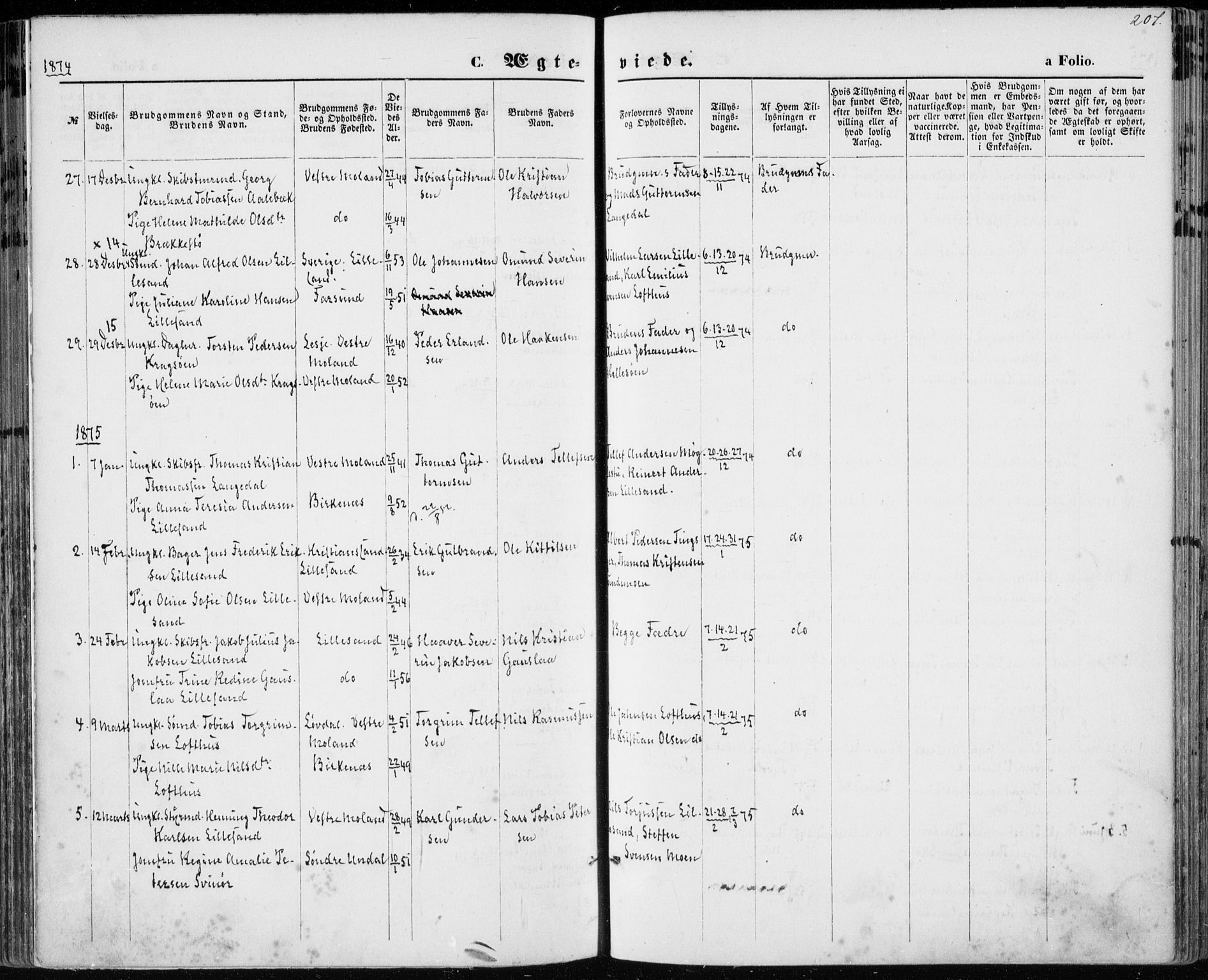 Vestre Moland sokneprestkontor, SAK/1111-0046/F/Fa/Fab/L0008: Parish register (official) no. A 8, 1873-1883, p. 207