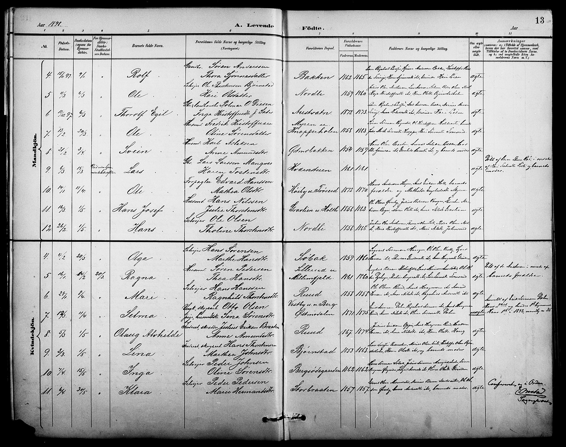 Nord-Odal prestekontor, AV/SAH-PREST-032/H/Ha/Hab/L0002: Parish register (copy) no. 2, 1895-1921, p. 13