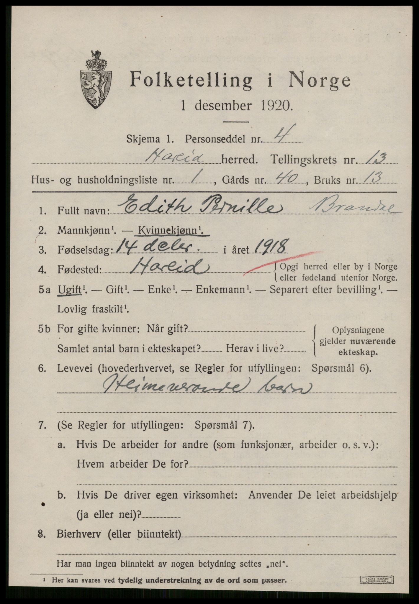 SAT, 1920 census for Hareid, 1920, p. 4935