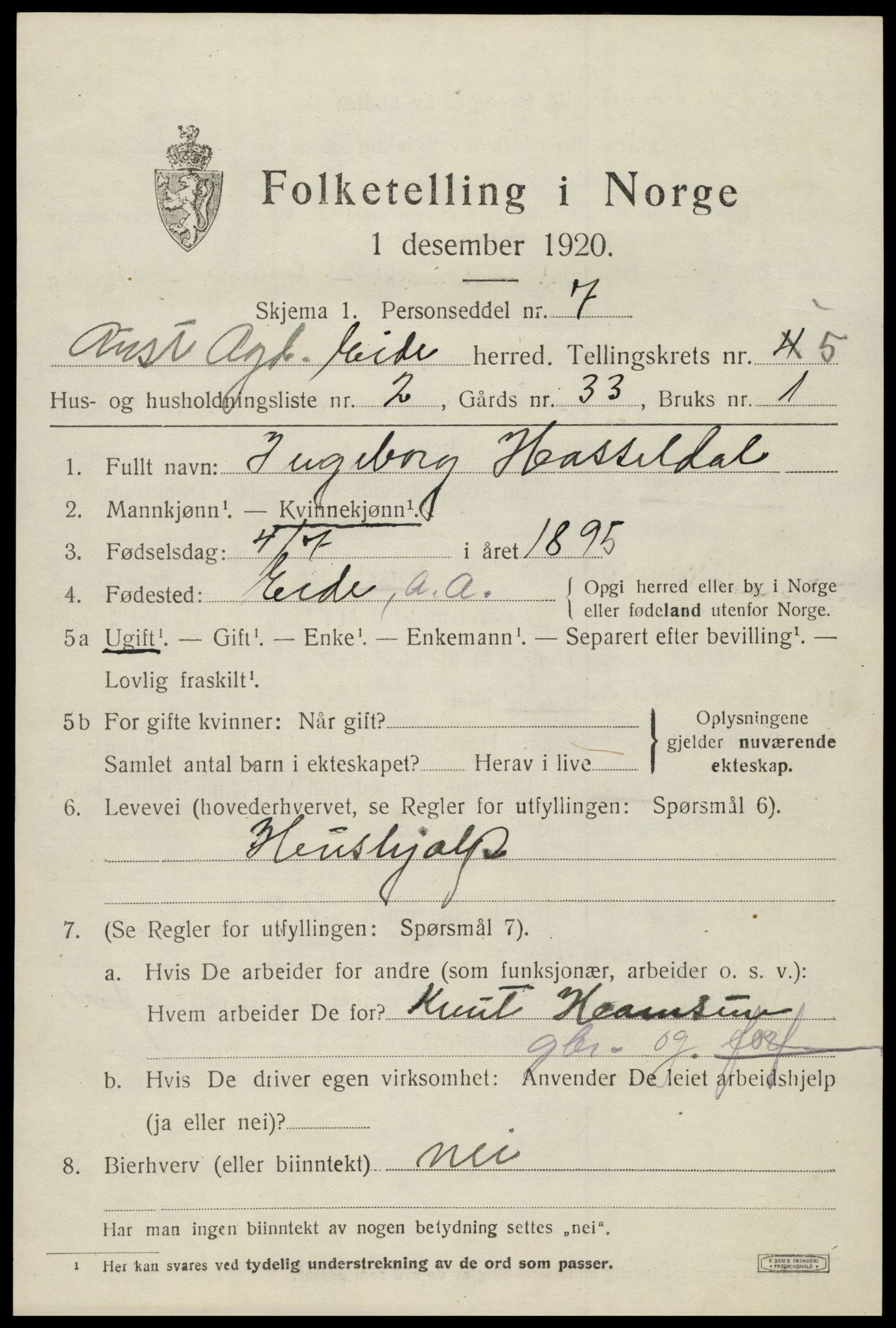 SAK, 1920 census for Eide, 1920, p. 1406