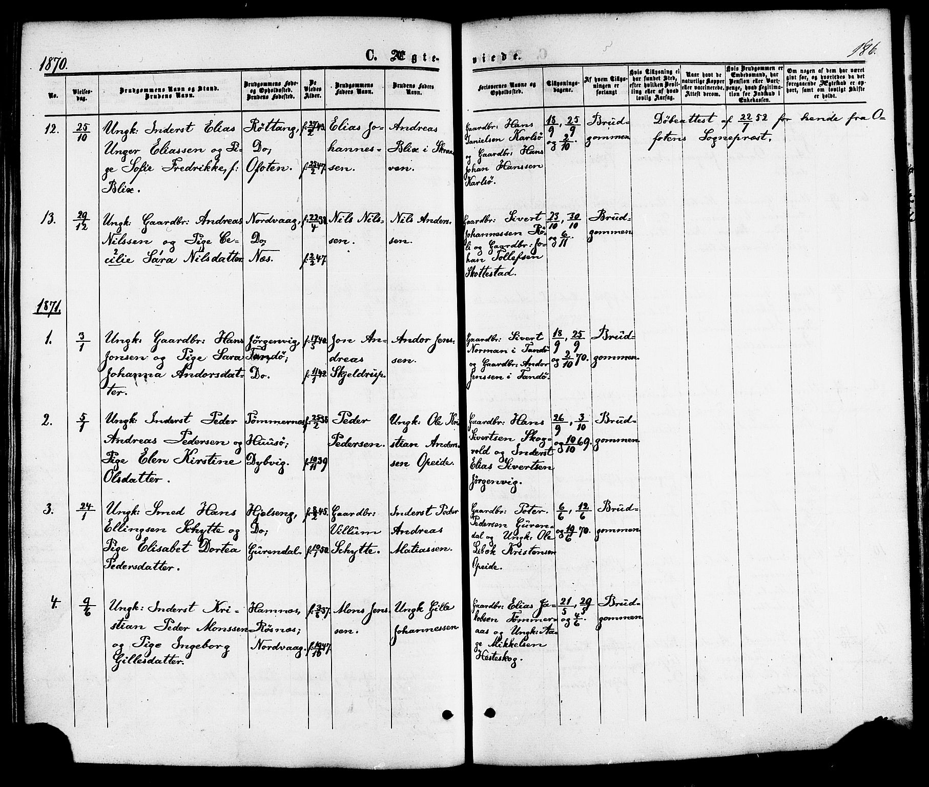 Ministerialprotokoller, klokkerbøker og fødselsregistre - Nordland, SAT/A-1459/859/L0845: Parish register (official) no. 859A05, 1863-1877, p. 186