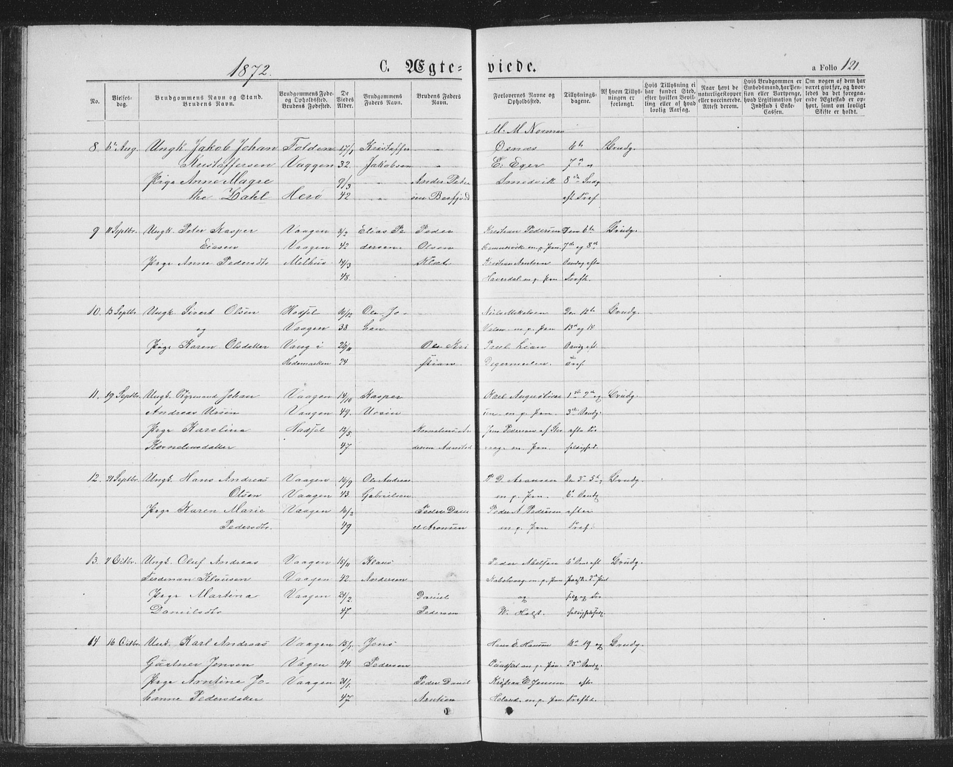 Ministerialprotokoller, klokkerbøker og fødselsregistre - Nordland, SAT/A-1459/874/L1074: Parish register (copy) no. 874C03, 1870-1876, p. 121