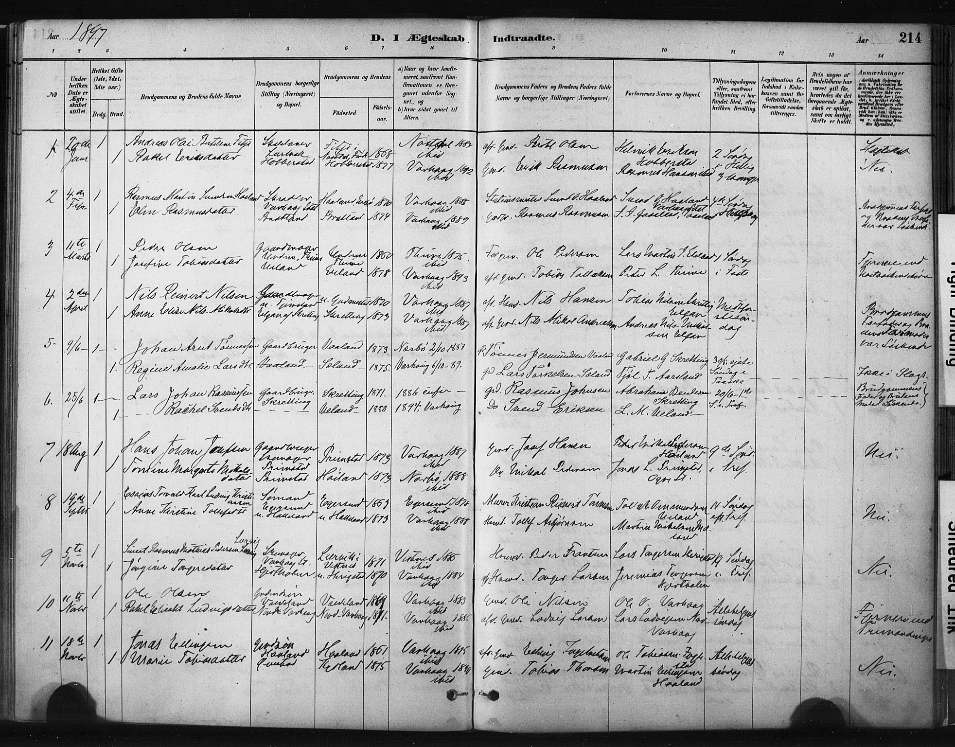 Hå sokneprestkontor, AV/SAST-A-101801/001/30BA/L0011: Parish register (official) no. A 10, 1879-1900, p. 214