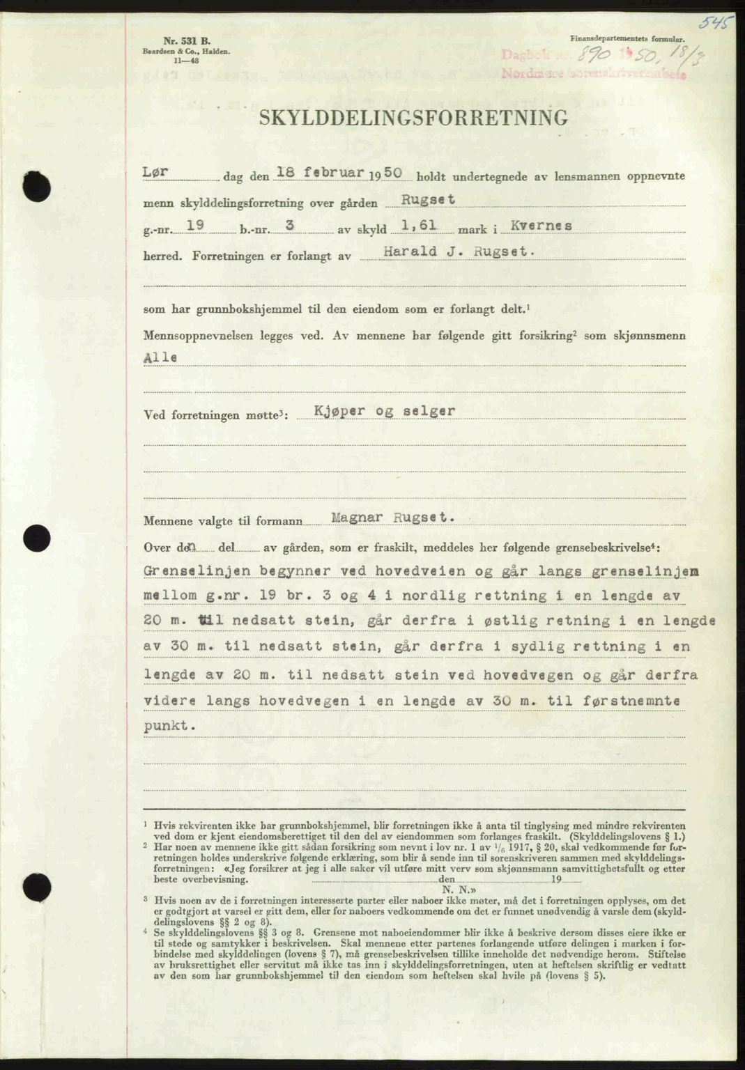 Nordmøre sorenskriveri, AV/SAT-A-4132/1/2/2Ca: Mortgage book no. A114, 1950-1950, Diary no: : 890/1950