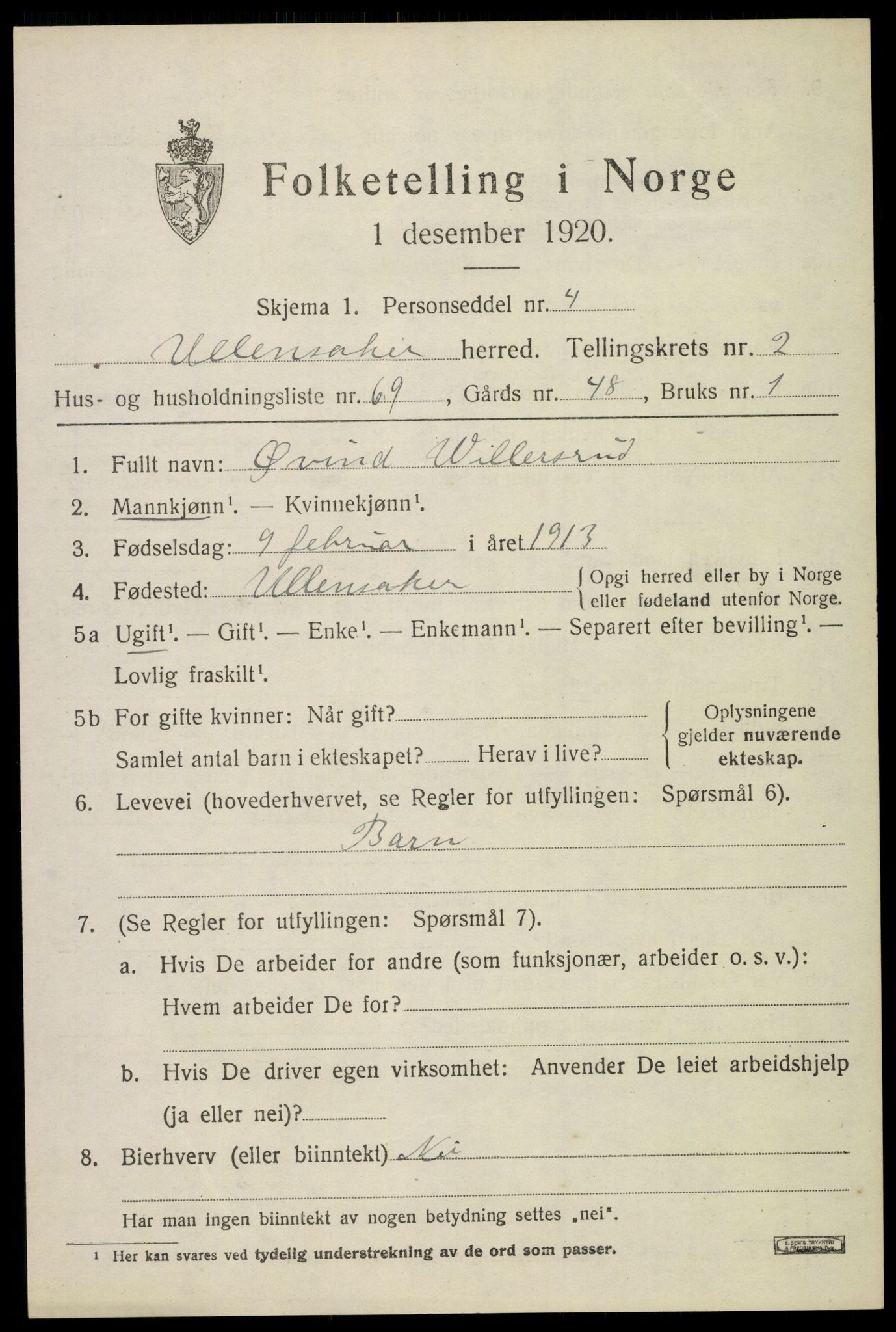 SAO, 1920 census for Ullensaker, 1920, p. 5497